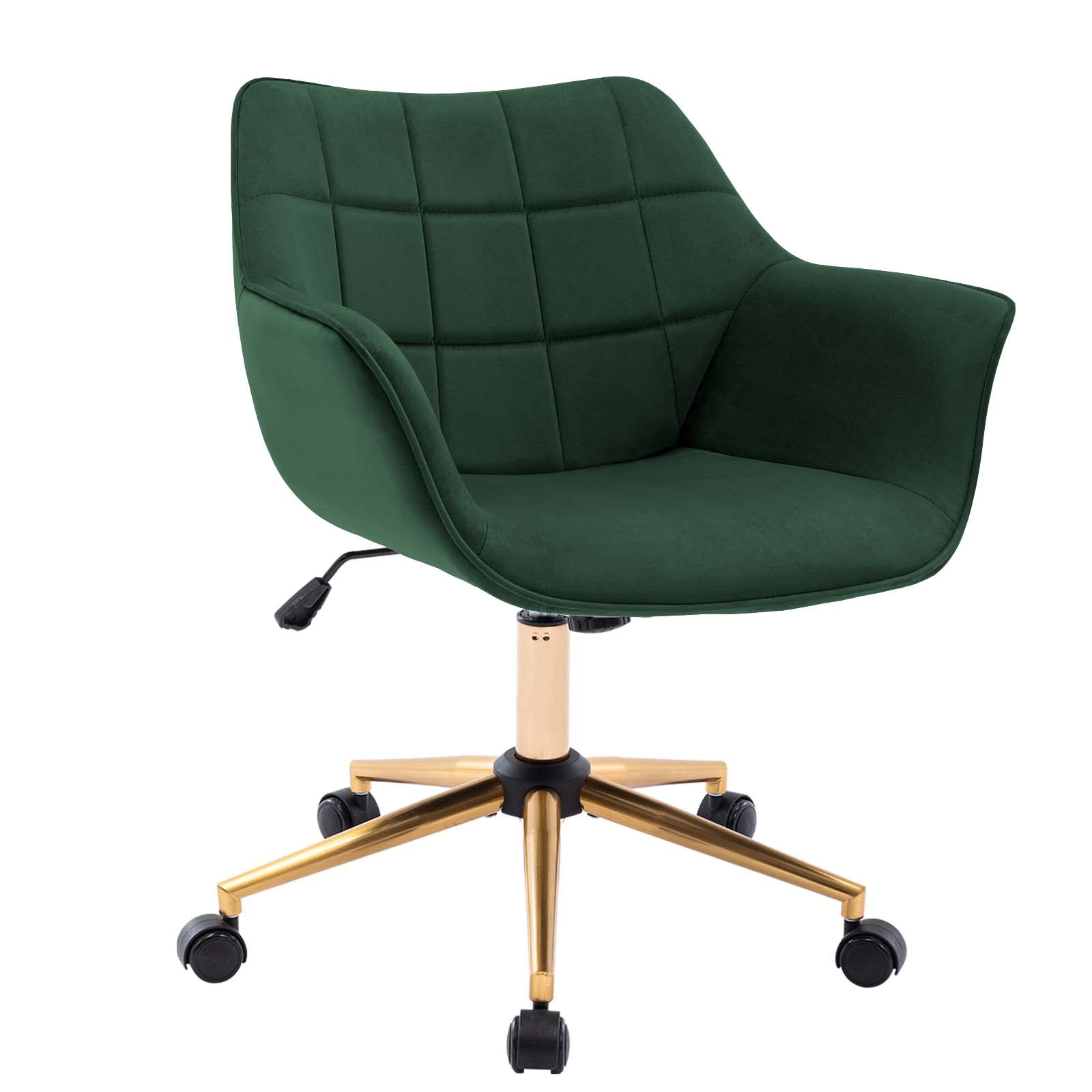 Duhome Modern Velvet Office Chair with Gold Metal Base - Adjustable Mid Back Ergonomic Computer Desk Chair with Arms - Dark Green for Home Office, Gaming & Study