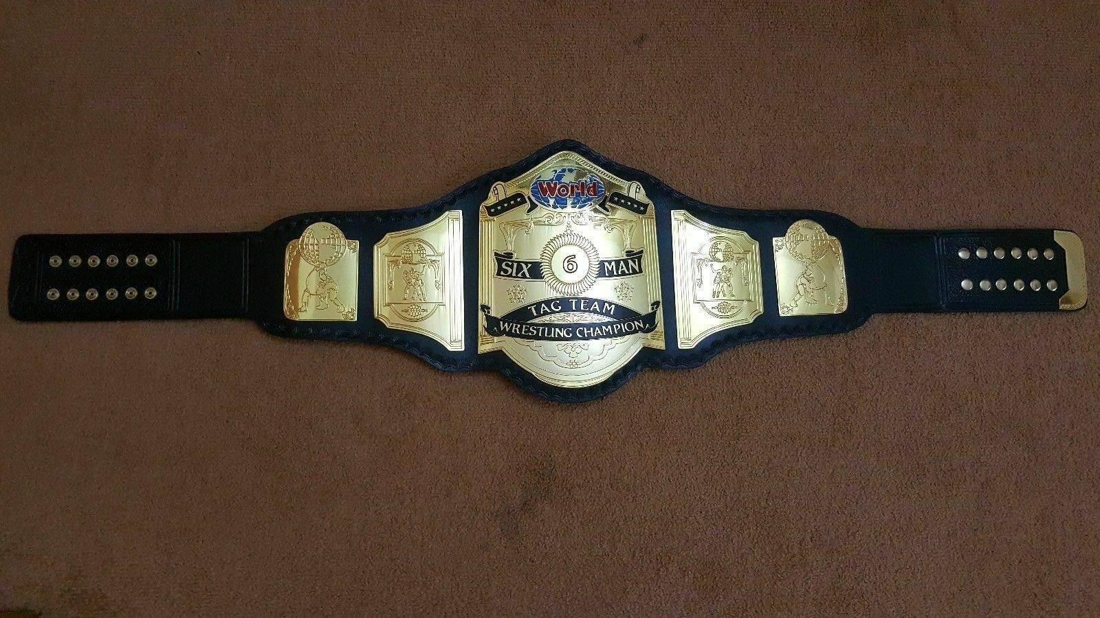 Maxan World SIX Man Championship Title Belt - 4mm Thick Brass Gold Plated Wrestling Belt for Adults - Perfect for Wrestling Tournaments, Cosplay & Collectors