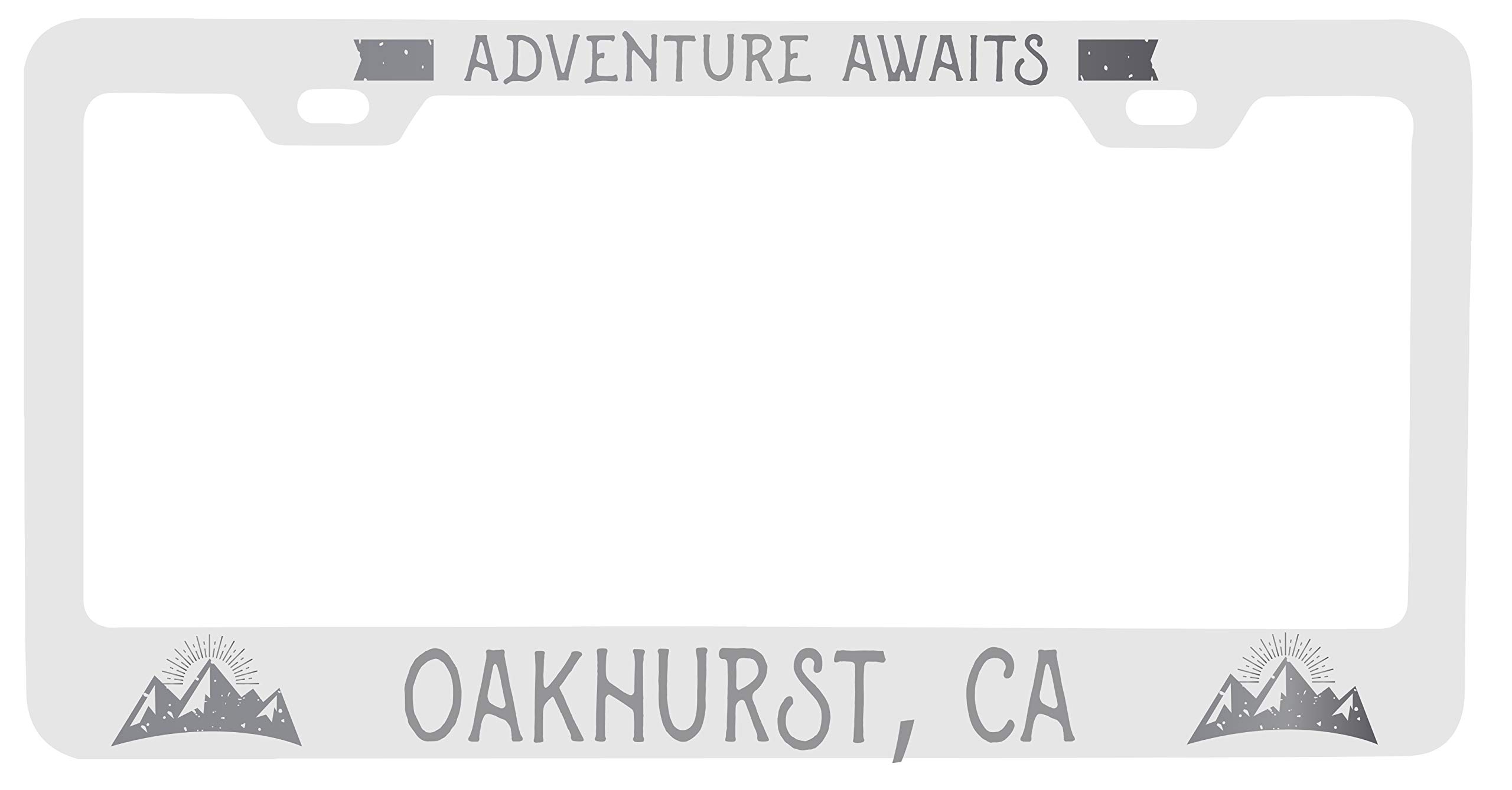 Oakhurst California Laser Engraved Metal License Plate Frame - 'Adventures Await' Design - Durable Car Accessory for Road Trips & Outdoor Enthusiasts