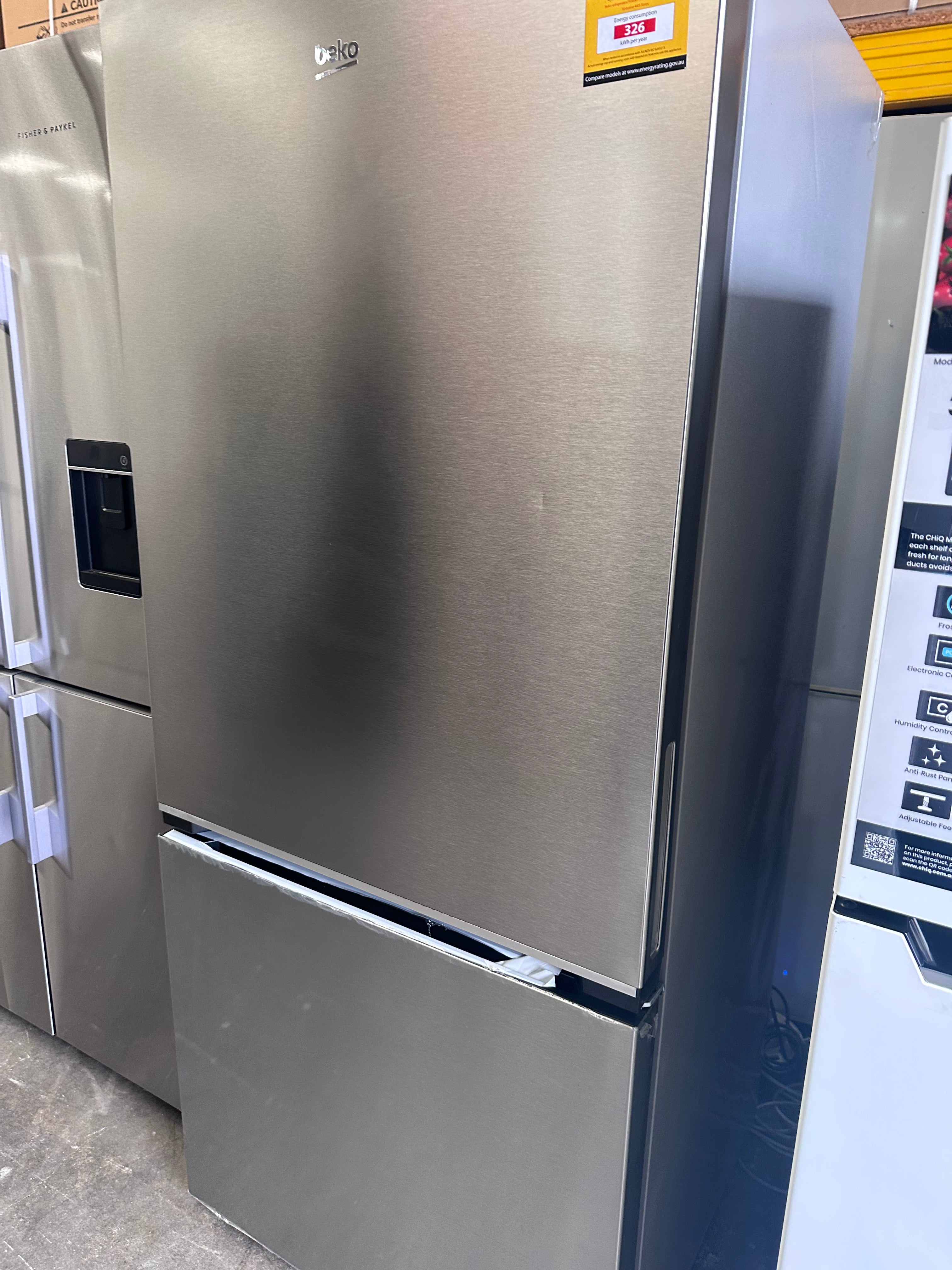 Beko BBMB445PX 445L Bottom Mount Refrigerator in Pearl Steel - Factory Second | Energy Efficient Kitchen Appliance for Modern Homes