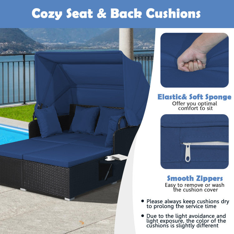 Costway Outdoor Patio Rattan Daybed with Retractable Canopy & Side Tables - Black - Perfect for Poolside Lounging, Garden Relaxation & Backyard Sunbathing