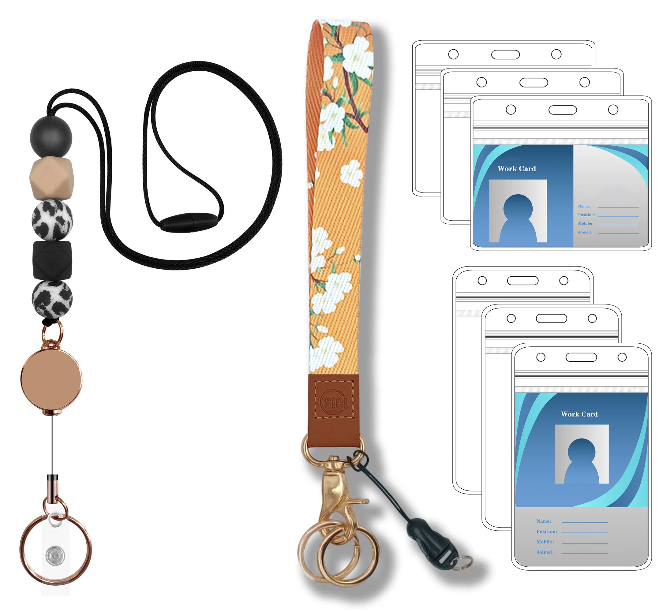 Retractable ID Lanyard for Badges & Keys - Silicone Beaded for Women, Nurses, Office - with 6 Card Holders for Work & School