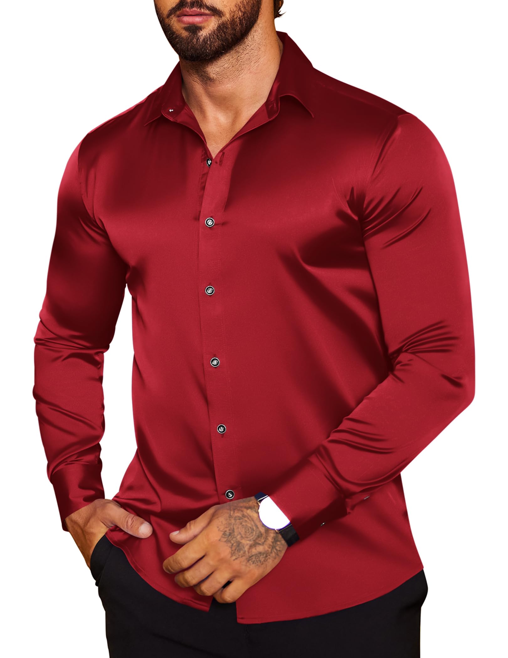 COOFANDY Men's Silk Satin Dress Shirt - Jacquard Long Sleeve Floral Button Up Shirt for Wedding, Prom, Party & Formal Occasions | Elegant Business & Evening Wear