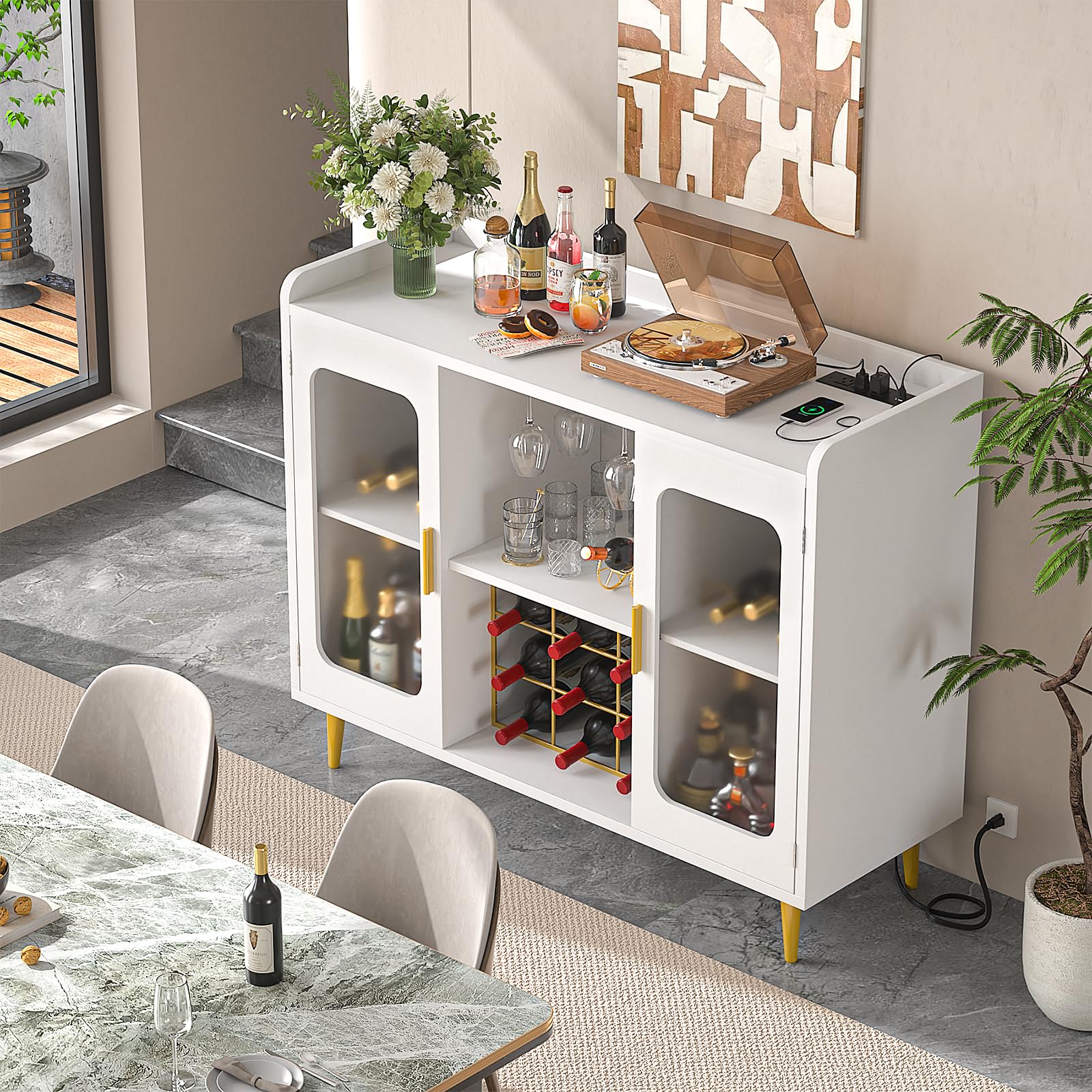 White Wine Bar Cabinet with Power Outlet & LED Lights - Modern Liquor Storage with Glass Holder & Storage Shelves - Perfect for Home Coffee Bar, Kitchen Buffet or Dining Room Sideboard - Ideal for Entertaining, Wine Tasting & Small Space Storage Solutions