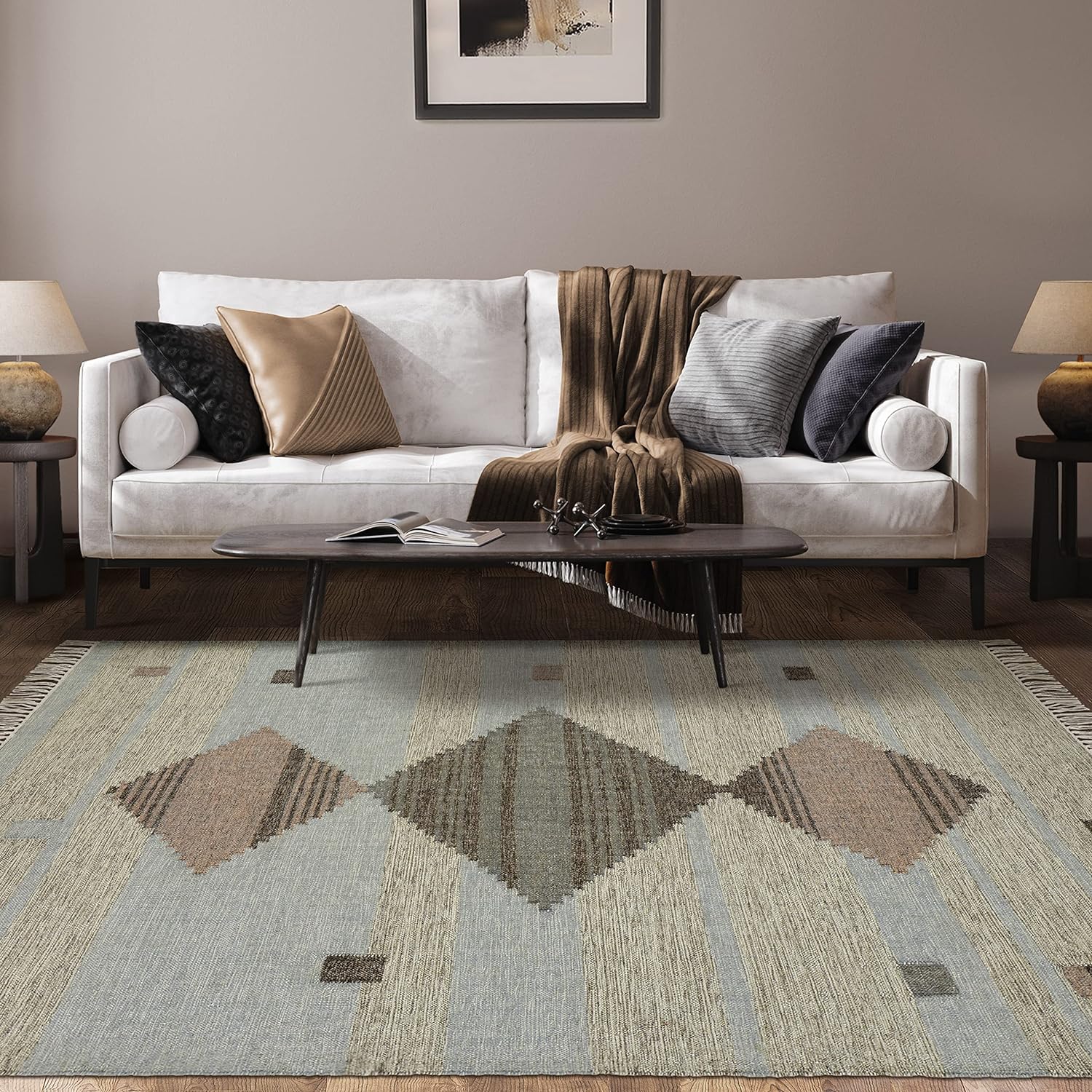 Eco-Friendly Sayah Handwoven Wool & Cotton Geometric Area Rug - Soft Non-Slip Living Room Rug for Bedroom, Nursery & Home Decor