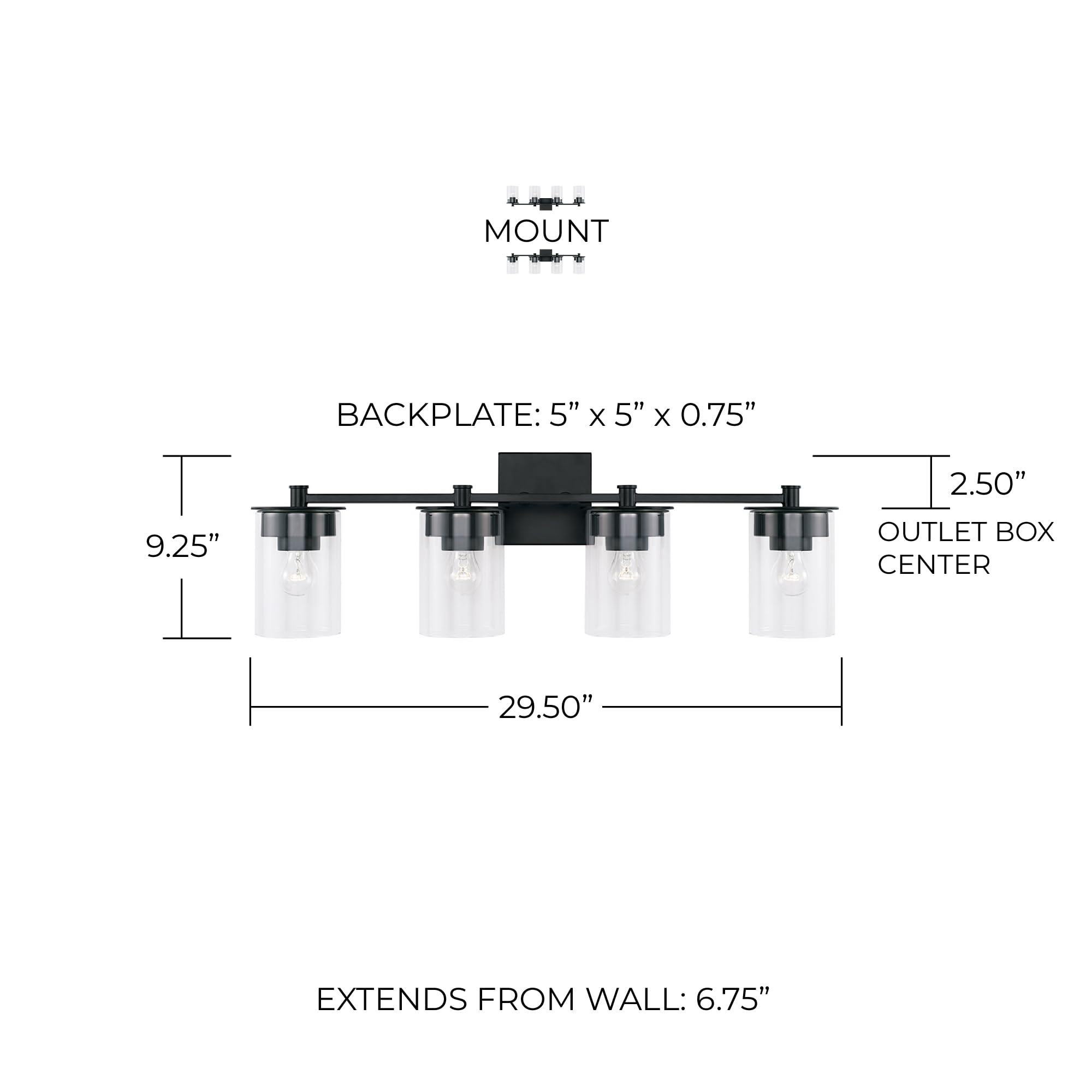 HomePlace Lighting 146841MB-532 4-Light Black Vanity Light with Clear Glass Cylinder - 400W Bathroom Lighting Fixture, 9