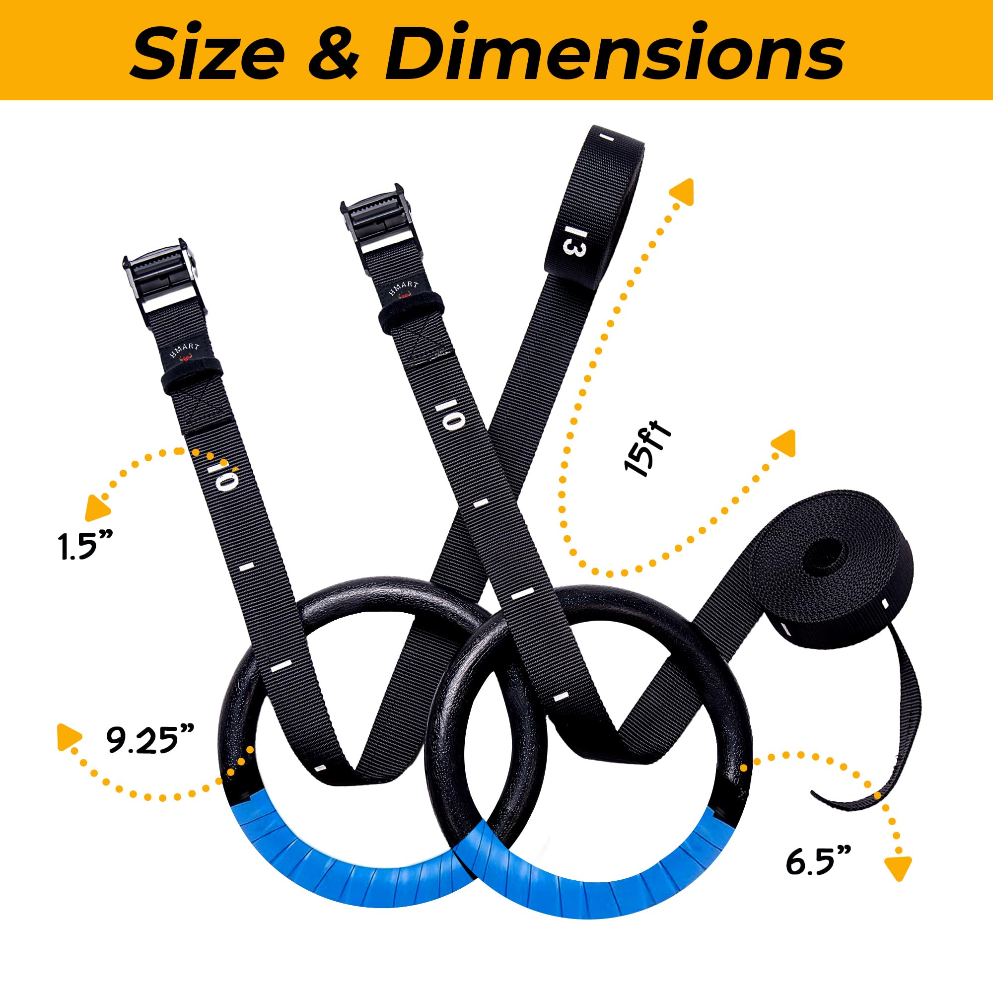 HMART Wooden Gymnastic Rings - 1600lbs Capacity with Loop Bands & 15ft Adjustable Straps - Anti-Slip Sweat-Absorbent Hand Tape - Perfect for Home Gym, Outdoor Workouts, CrossFit Training and Strength Exercises