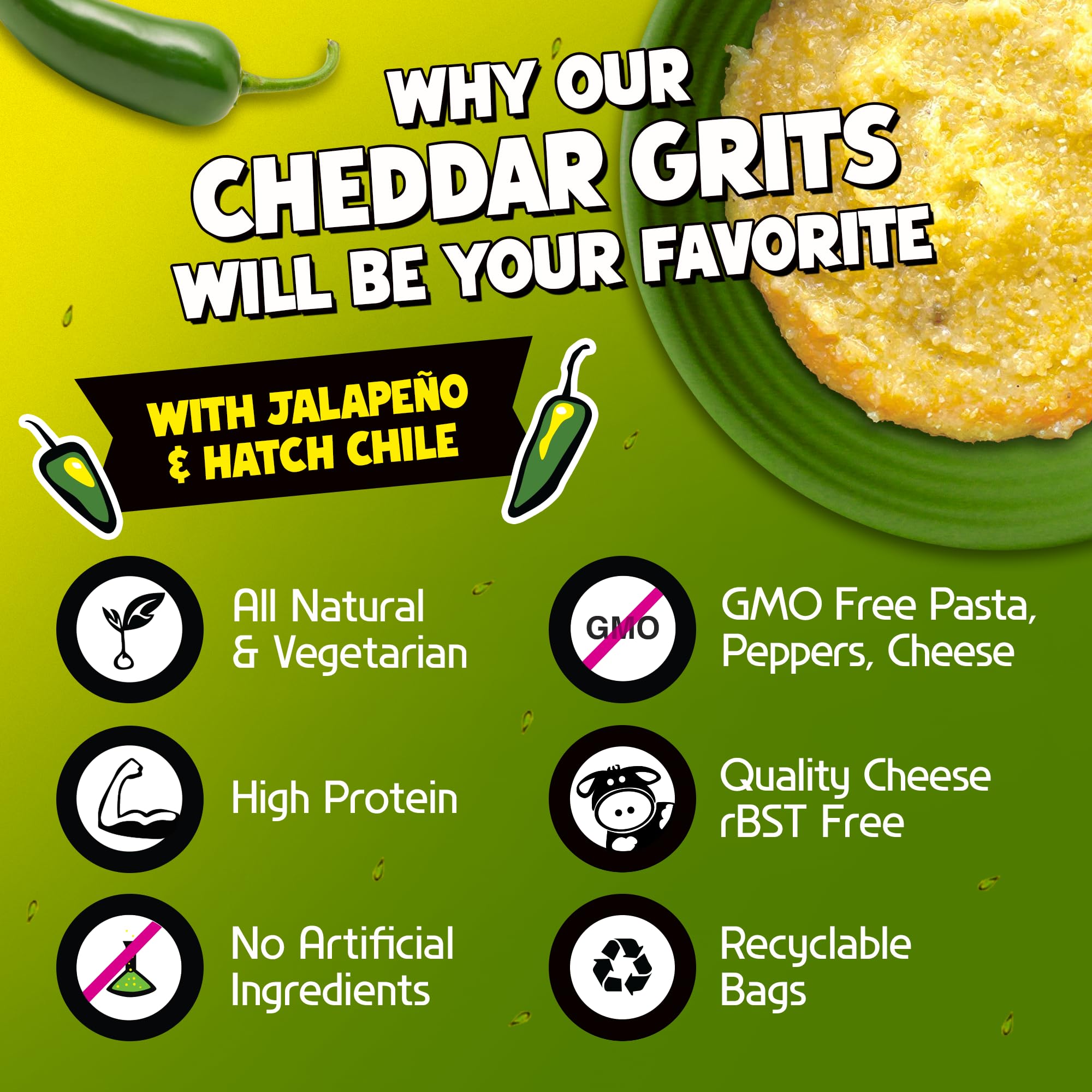 FishSki Provisions Jalapeno Yellow Corn Grits with Cheddar Cheese, Hatch Green Chile & Garlic - 6 oz Bags (24 Pack) | Perfect for Breakfast, Camping & Quick Meals