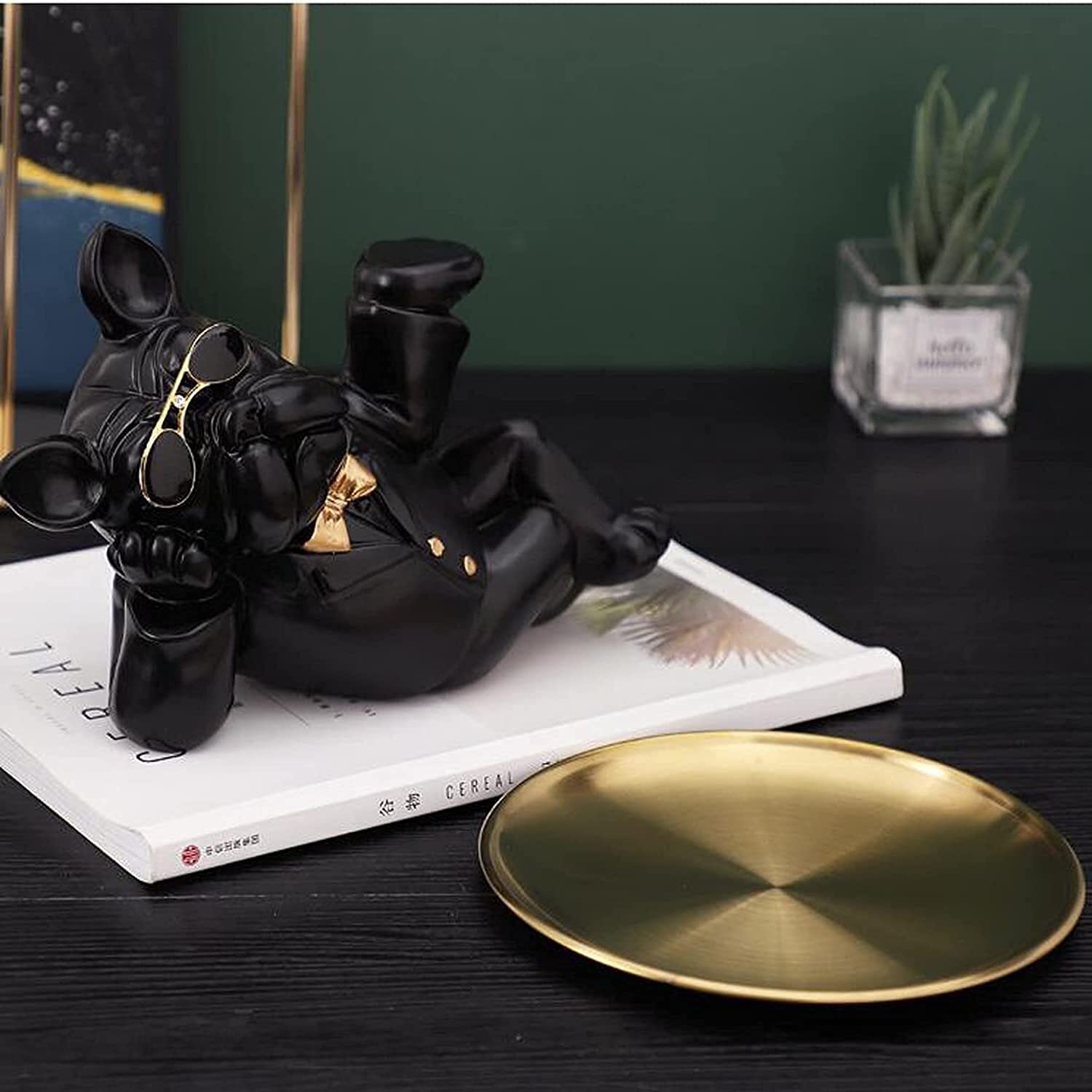 French Bulldog Resin Statue - Black Dog Figurine for Home Decor, Key Tray, Snack Holder | Desktop Decoration for Living Room, Office & Gift Giving