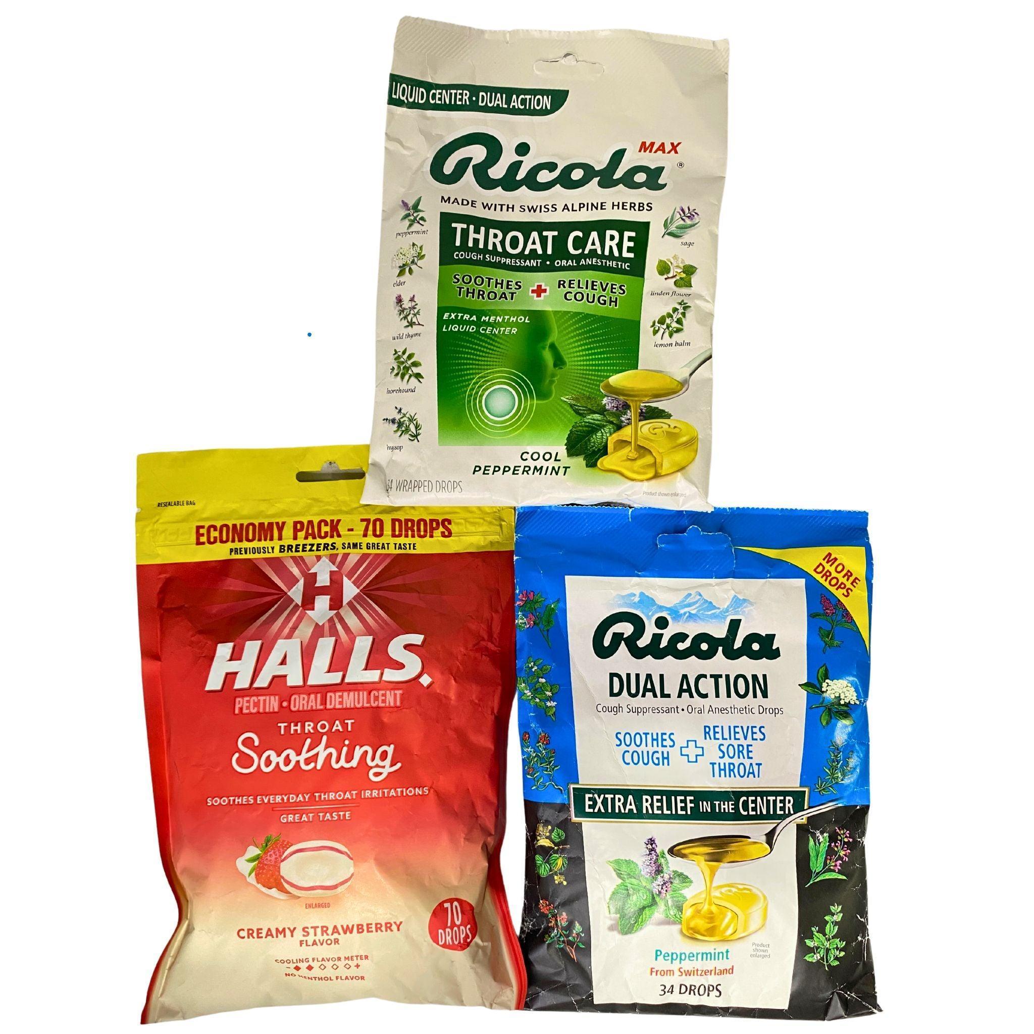Ricola & Halls Assorted Cough Drops and Throat Lozenges Mix - 55 Pcs Bulk Pack - Soothe Sore Throat & Relieve Cough for Travel, Work, and Home Use