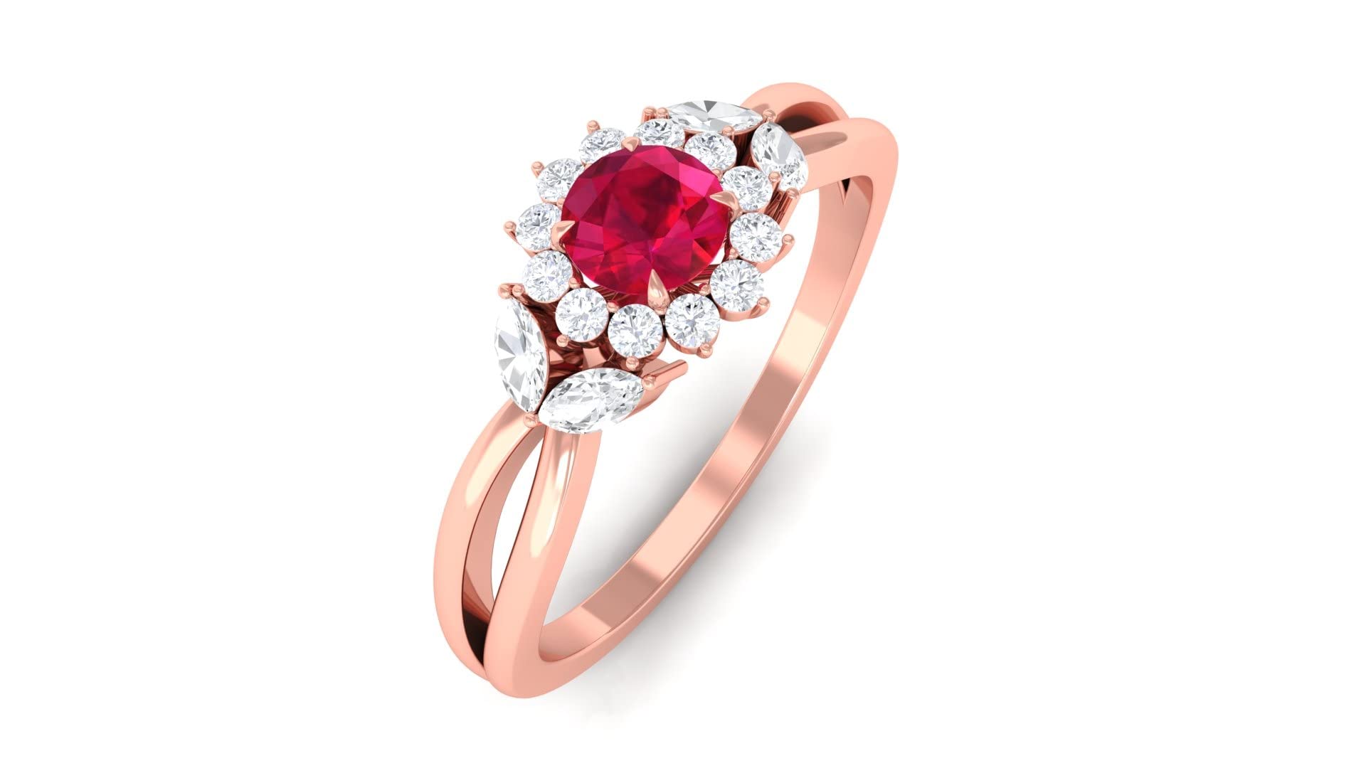 14K Solid Gold Created Ruby Floral Ring with Moissanite - Certified Split Shank Ring for Women | Elegant Gift for Anniversary, Valentine's Day & Special Occasions