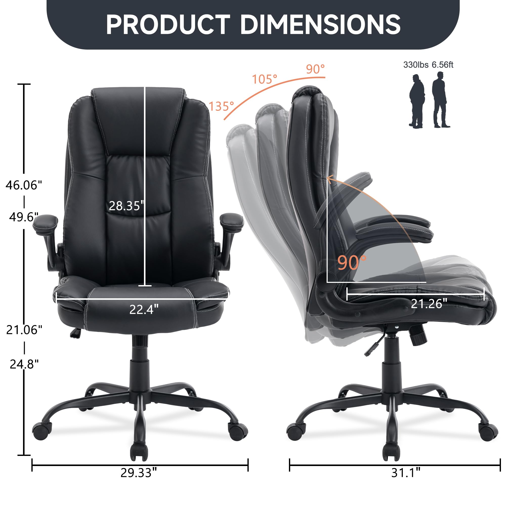 Premium High Back Leather Executive Office Chair - Ergonomic Home & Office Desk Chair with Flip-Up Arms, Lumbar Support & Wheels - Ideal for Long Work Hours, Gaming, and Professional Workspaces