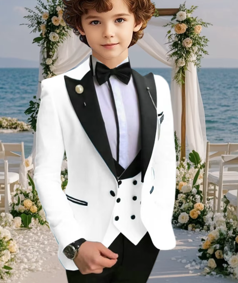 Notched Lapel White Suit Set for Toddler Boys - 3 Piece Kids Tuxedo for Flower Boys & Special Occasions | Perfect for Weddings, Parties & Formal Events | CS5214