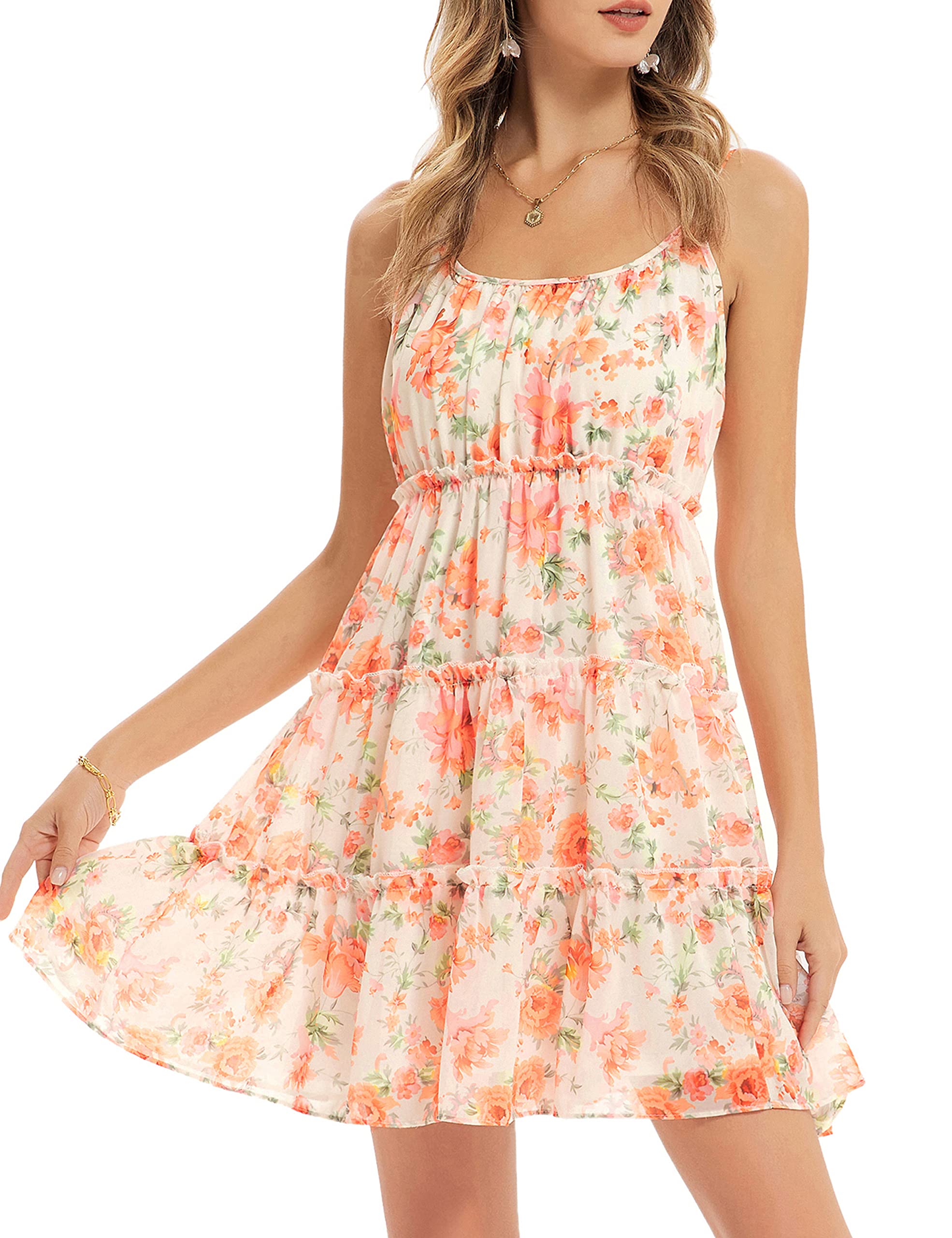 GRACE KARIN Women's Floral Print Spaghetti Strap Ruffle Hem Pleated Midi Dress - Boho Chic Summer Beach Dress for Casual Wear, Vacation & Outdoor Parties