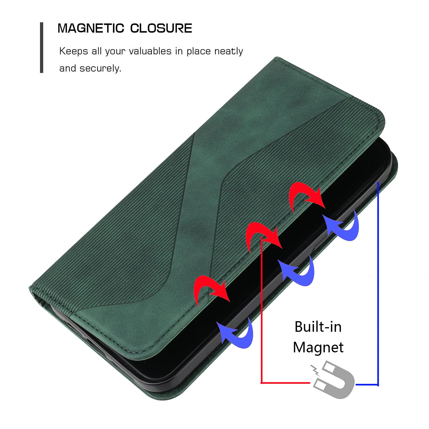 Magnetic Wallet Phone Case for iPhone XR - S-Shape Flip Cover with Skin Touch Feeling, Green | Slim Card Holder & Secure Magnetic Closure for Everyday Use, Travel & Business