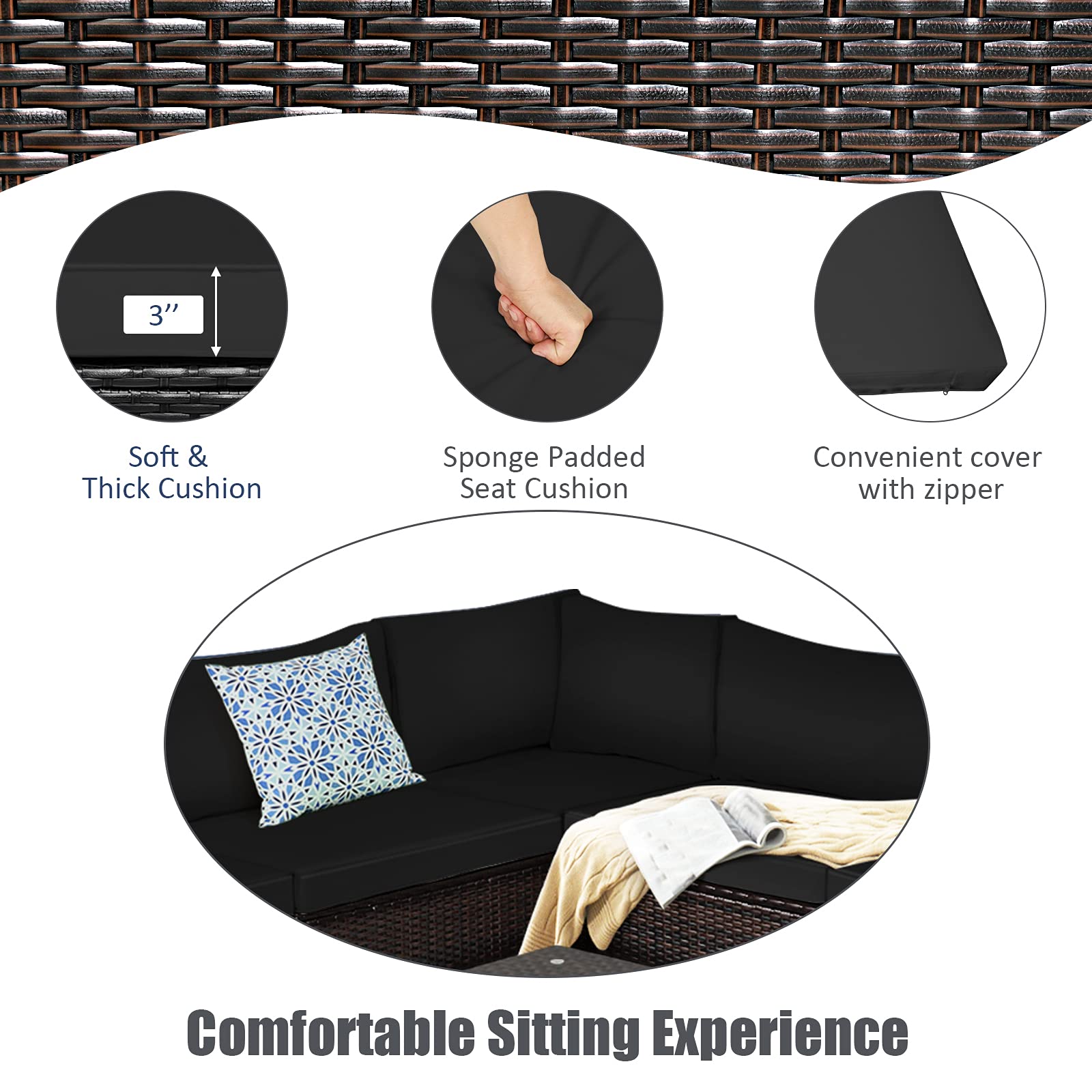 Tangkula 6-Piece Outdoor Patio Furniture Set - All-Weather Wicker Rattan Sectional Sofa with Tempered Glass Coffee Table & Cushions - Perfect for Backyard, Garden, Balcony, Poolside Relaxation (Black) | Ideal for Outdoor Entertaining, Lounging, and Family Gatherings