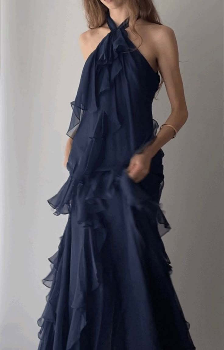 Elegant Navy Blue Chiffon Ruffle Prom Dress with Halter Neckline - J6106 for Homecoming, Formal Dances & Special Occasions