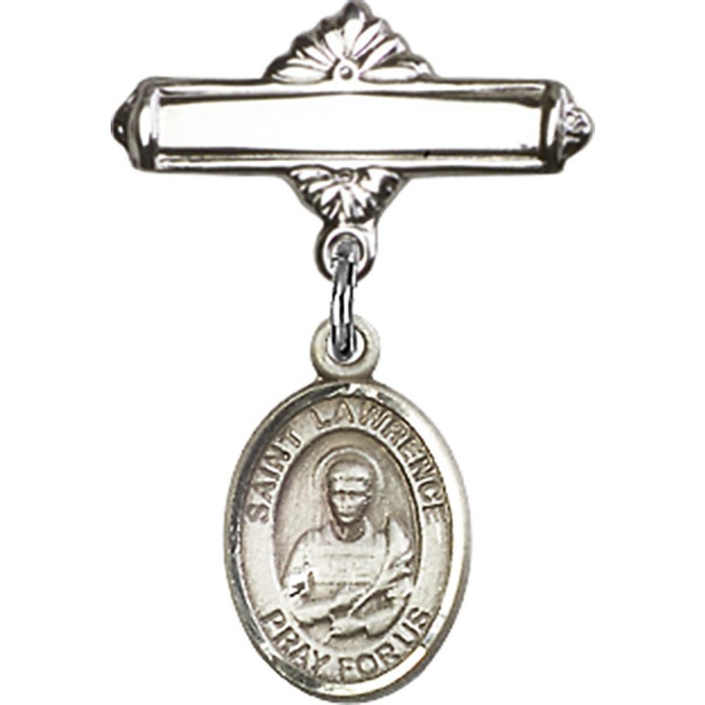 Sterling Silver Baby Badge with St. Lawrence Charm - 1 X 5/8 Inch Polished Pin for Christening, Baptism & Baby Shower Gifts - Elegant Keepsake for Newborns & Infants