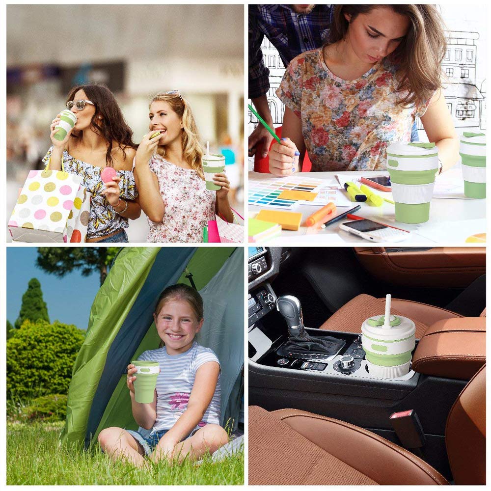 Collapsible Travel Cup with Lid - Leakproof Silicone Drinking Mug for Water, Coffee & Tea - Portable for Hiking, Camping, Picnics & Outdoor Adventures - BPA Free & Eco-Friendly (Green)