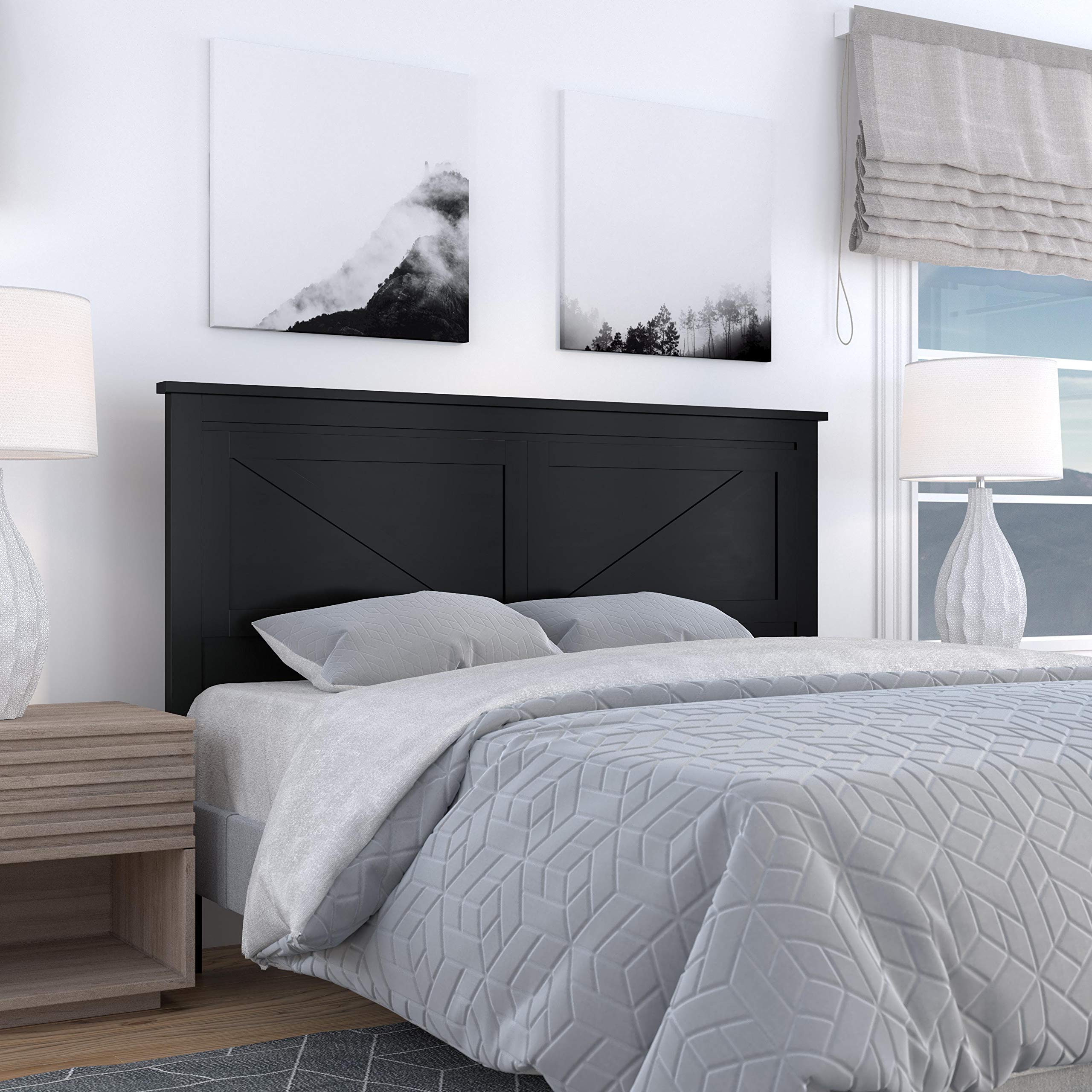 Glenwillow Home Farmhouse Style Black Wood Panel Headboard - Queen Size Bed Frame for Cozy Bedroom Decor & Rustic Home Aesthetic