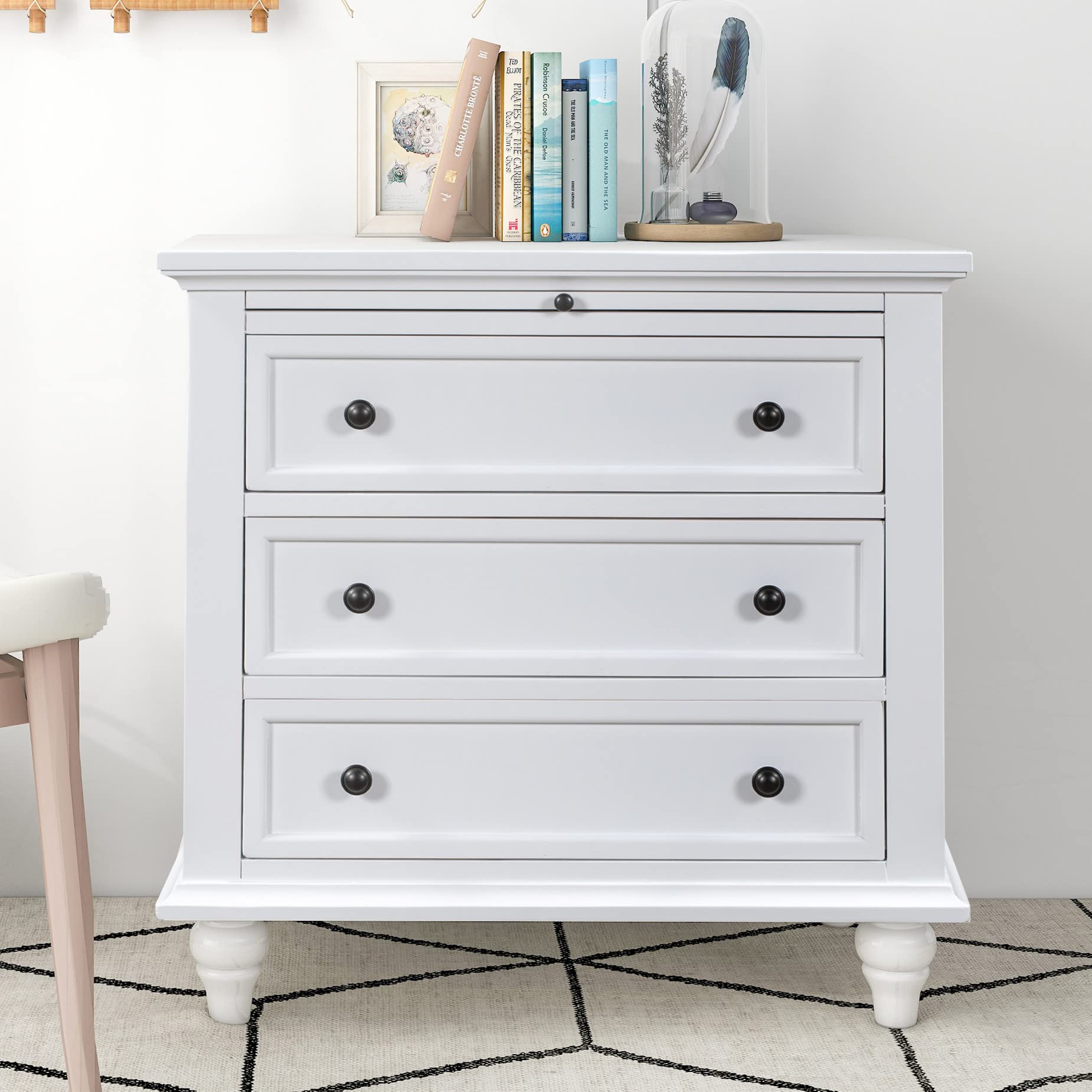 White Wood 3-Drawer Nightstand with Pull-Out Tray - 28