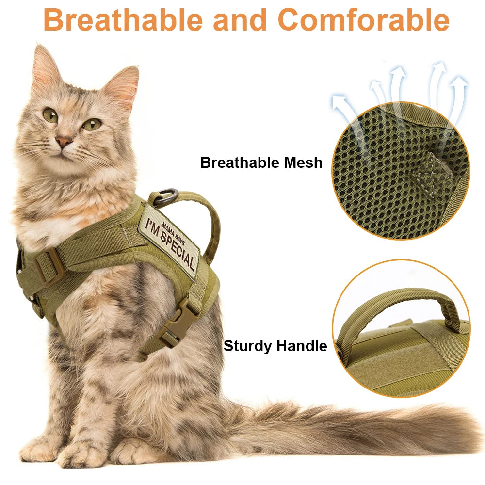 Military Tactical Cat Harness Vest with Adjustable Straps & Reflective Stickers - Escape Proof Pet Safety Gear for Outdoor Adventures, Hiking & Camping