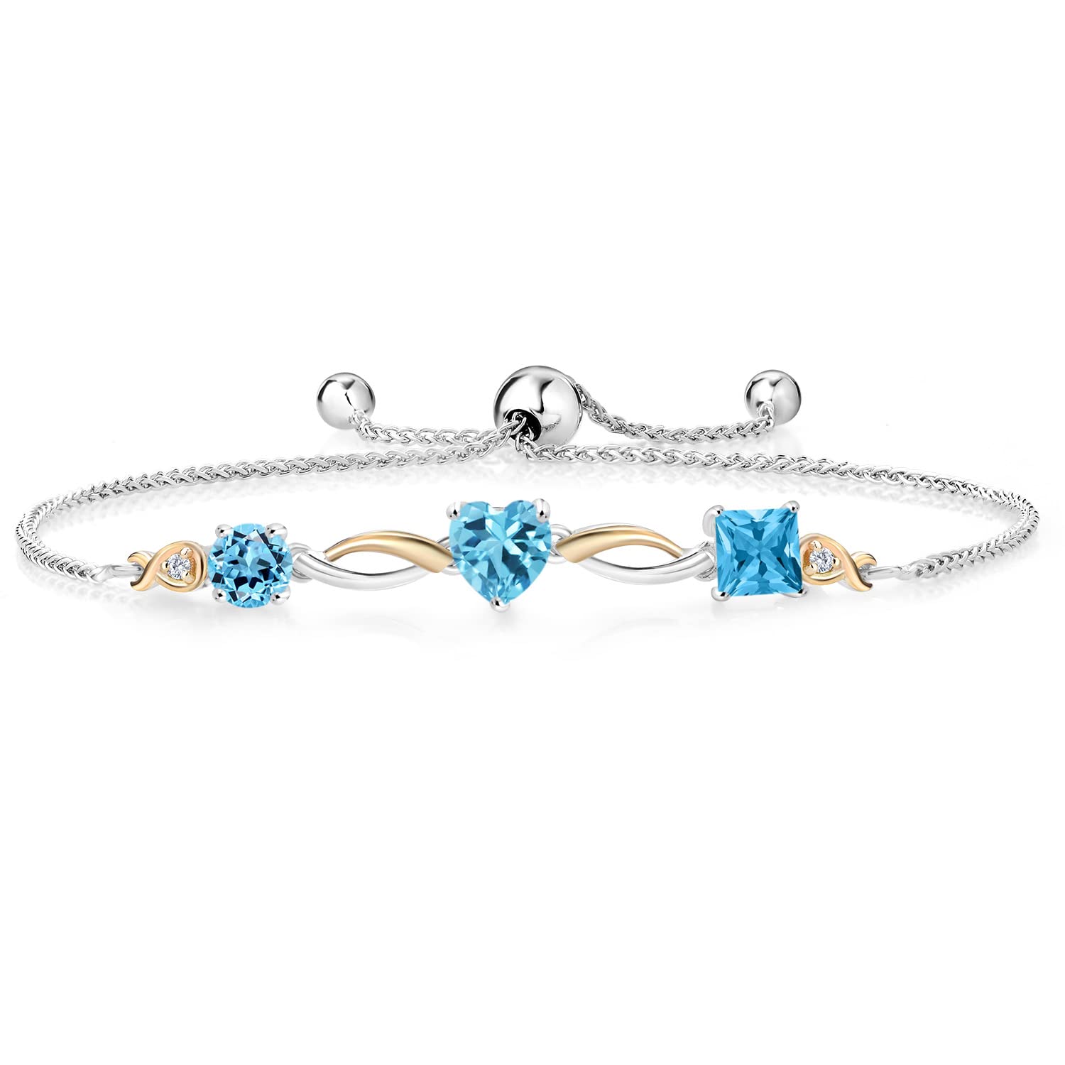 2.40 Ct Round Swiss Blue Topaz & 10K Yellow Gold Lab-Grown Diamond Bracelet for Women - 925 Sterling Silver Gemstone Jewelry | Perfect for Weddings, Anniversaries & Special Occasions