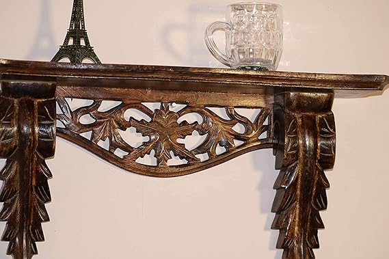 Hand Carved Wooden Wall Shelf - Brown Lacquered Floating Shelf for Living Room, Bedroom, Office Decor | Rustic Home Storage & Display Shelf for Books, Plants, Photos