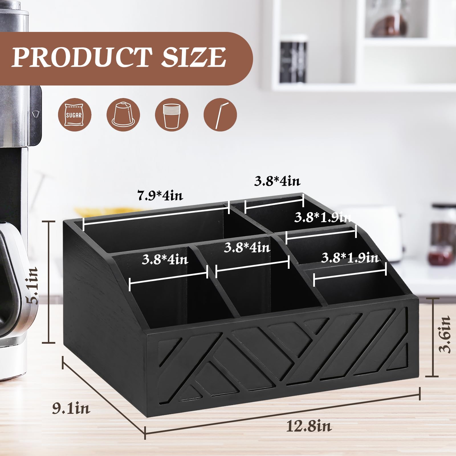 Wooden Coffee Pod Holder & Organizer Set - Coffee Bar Accessories for Keurig K-Cups & Syrups - Black - Perfect for Home Kitchen, Office Breakroom & Coffee Station Decor