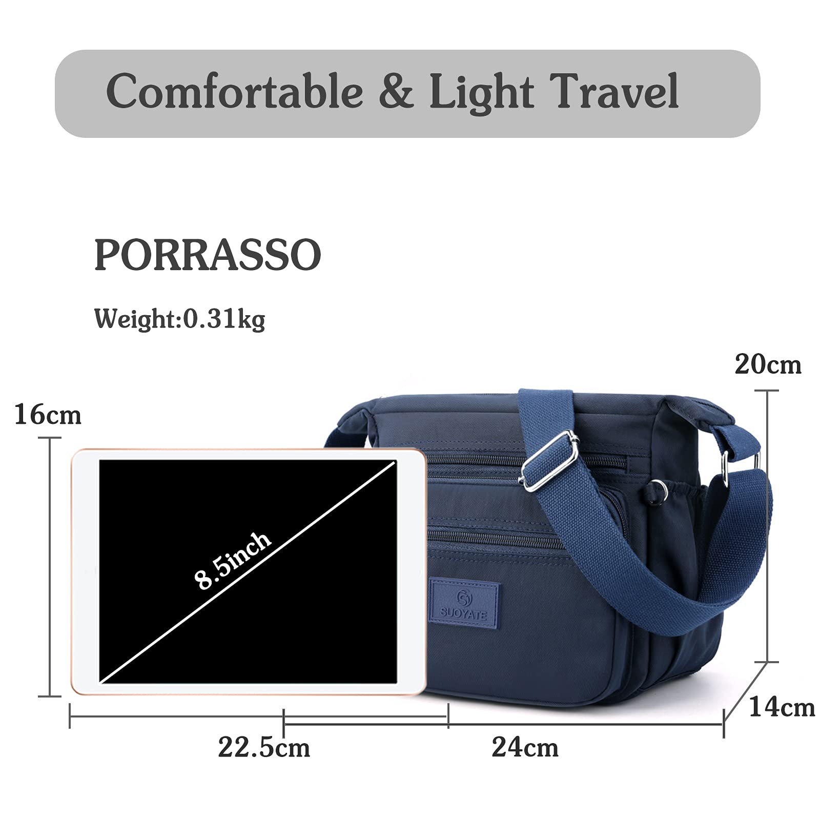 PORRASSO Women's Crossbody Bag - Stylish Casual Shoulder Purse with Multiple Pockets, Perfect for Work, Travel & Everyday Use