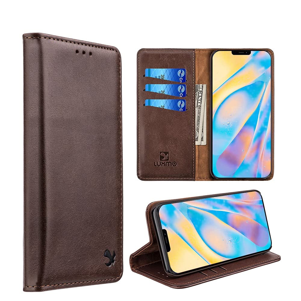 LUXMO Magnetic Detachable Leather Wallet Case for iPhone 13 Pro Max - Soft TPU Cover with 3 Card Slots, Flip Kickstand & Shockproof Protection (Brown) - Perfect for Business Travel, Daily Commute & Hands-Free Viewing
