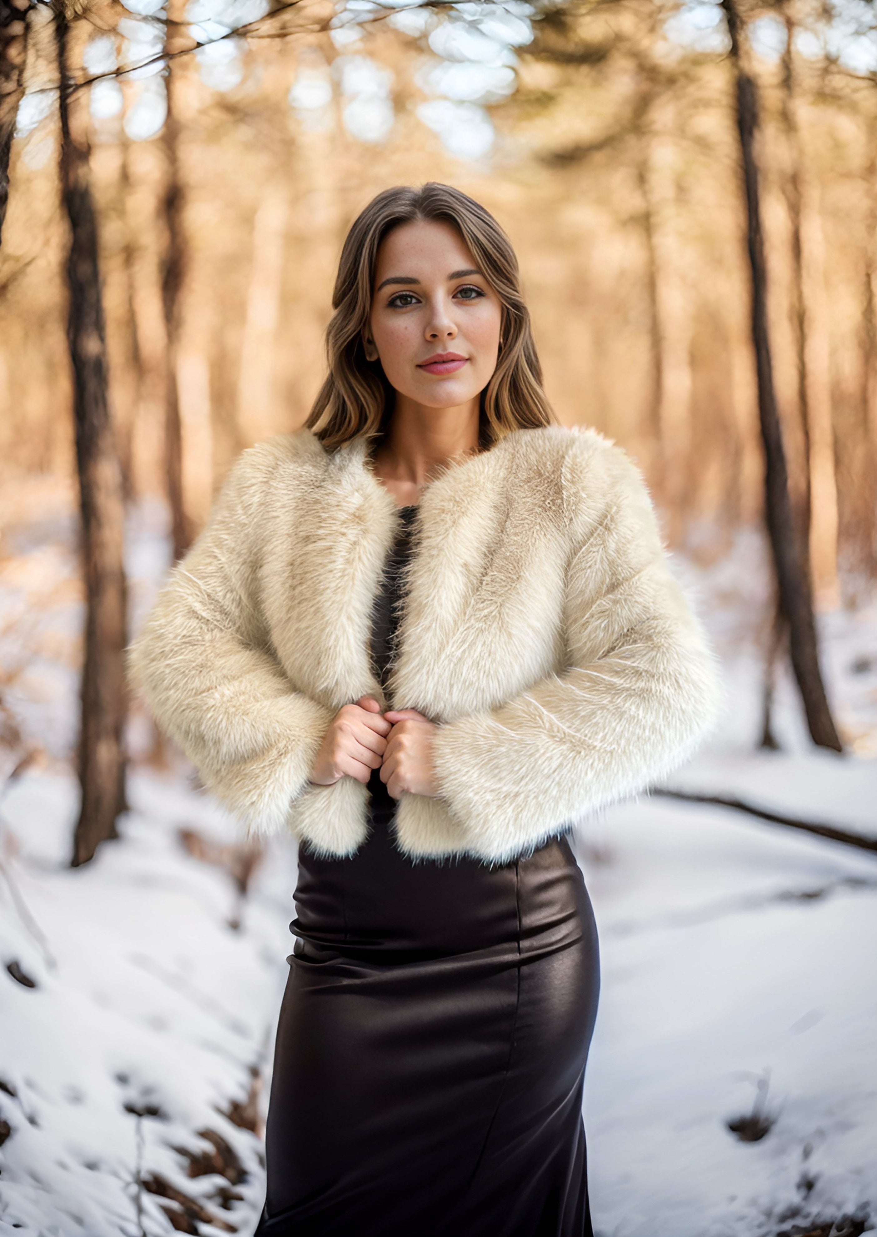 Beige Faux Fur Wedding Jacket for Bride - Elegant Winter Bridal Coat with Faux Fur Collar | Perfect for Outdoor Wedding Ceremonies, Winter Photos & Cold Weather Bridal Fashion