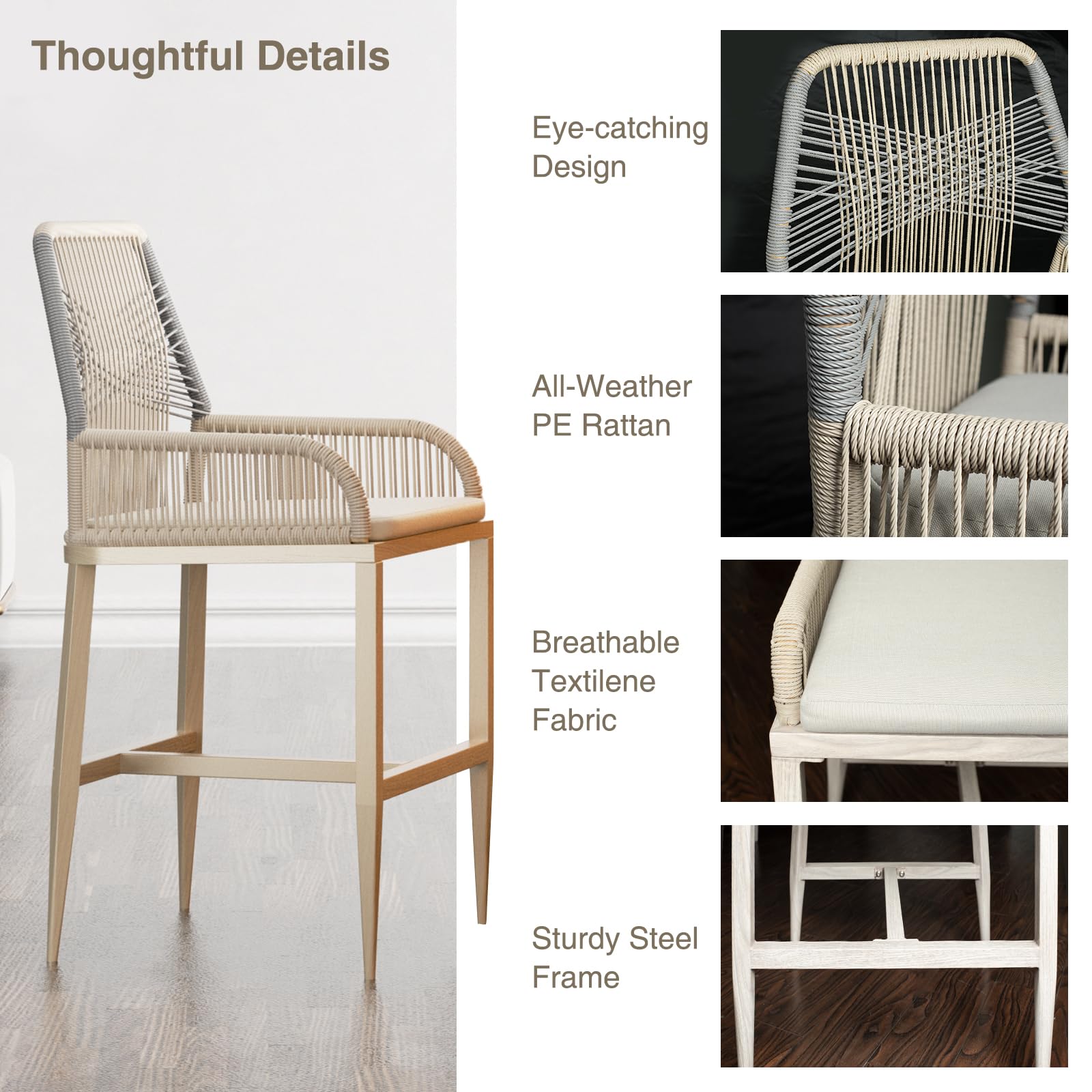 Modern Rattan Wicker Bar Stools Set of 2 - Counter Height Barstools with Backrest & Cushion, Grey - Perfect for Kitchen Island, Patio, Balcony, Poolside & Outdoor Dining Areas