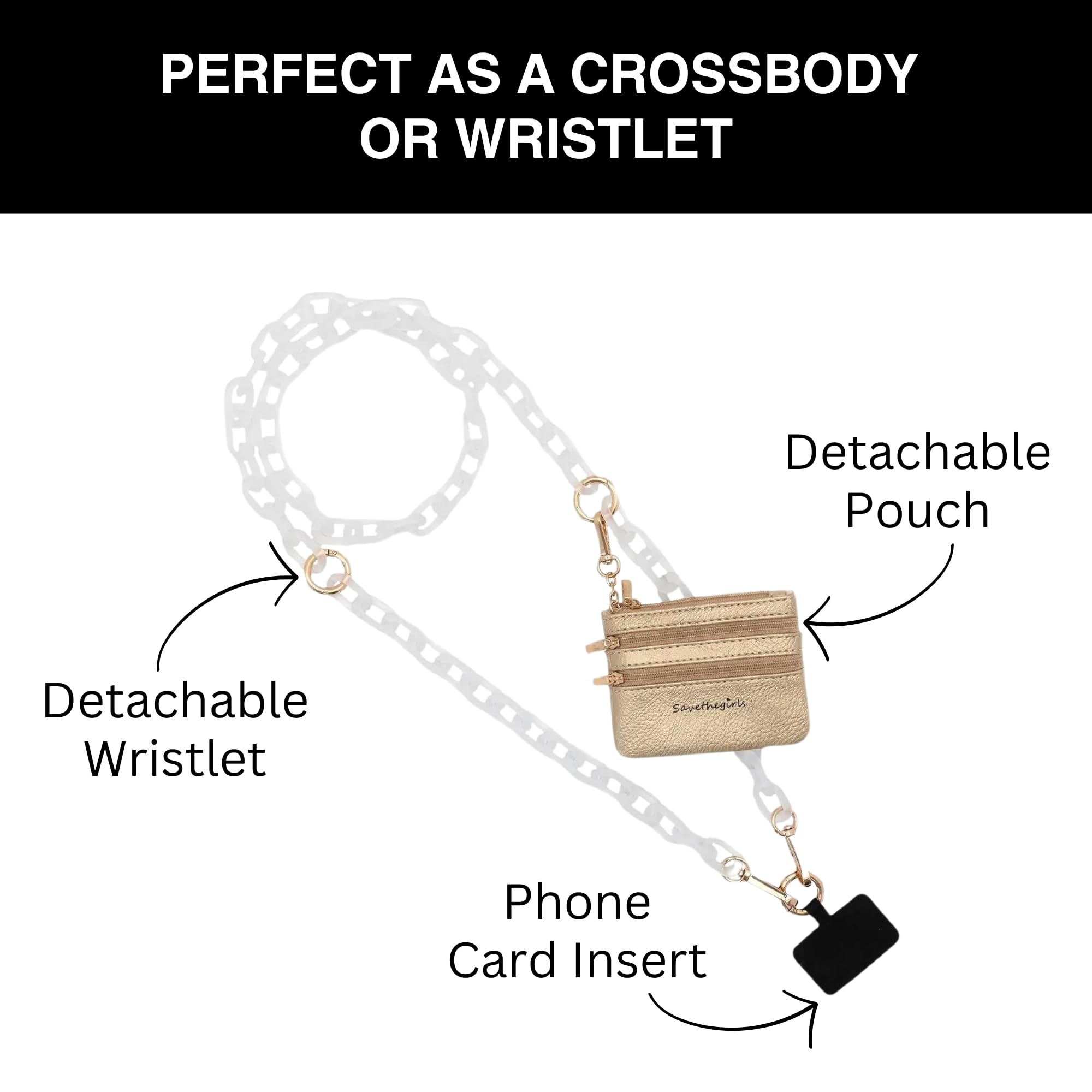 Clip and Go Stylish Phone Lanyard Crossbody with Wallet for Women – Adjustable Gold Pouch Chain Strap, Hands-Free Carrying for Shopping, Travel, and Daily Use