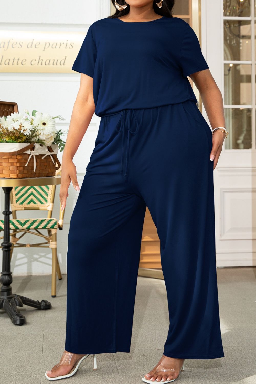 Plus Size Drawstring Waist Short Sleeve Jumpsuit for Women - Comfortable Casual Summer Romper with Pockets | Perfect for Beach, Vacation & Everyday Wear