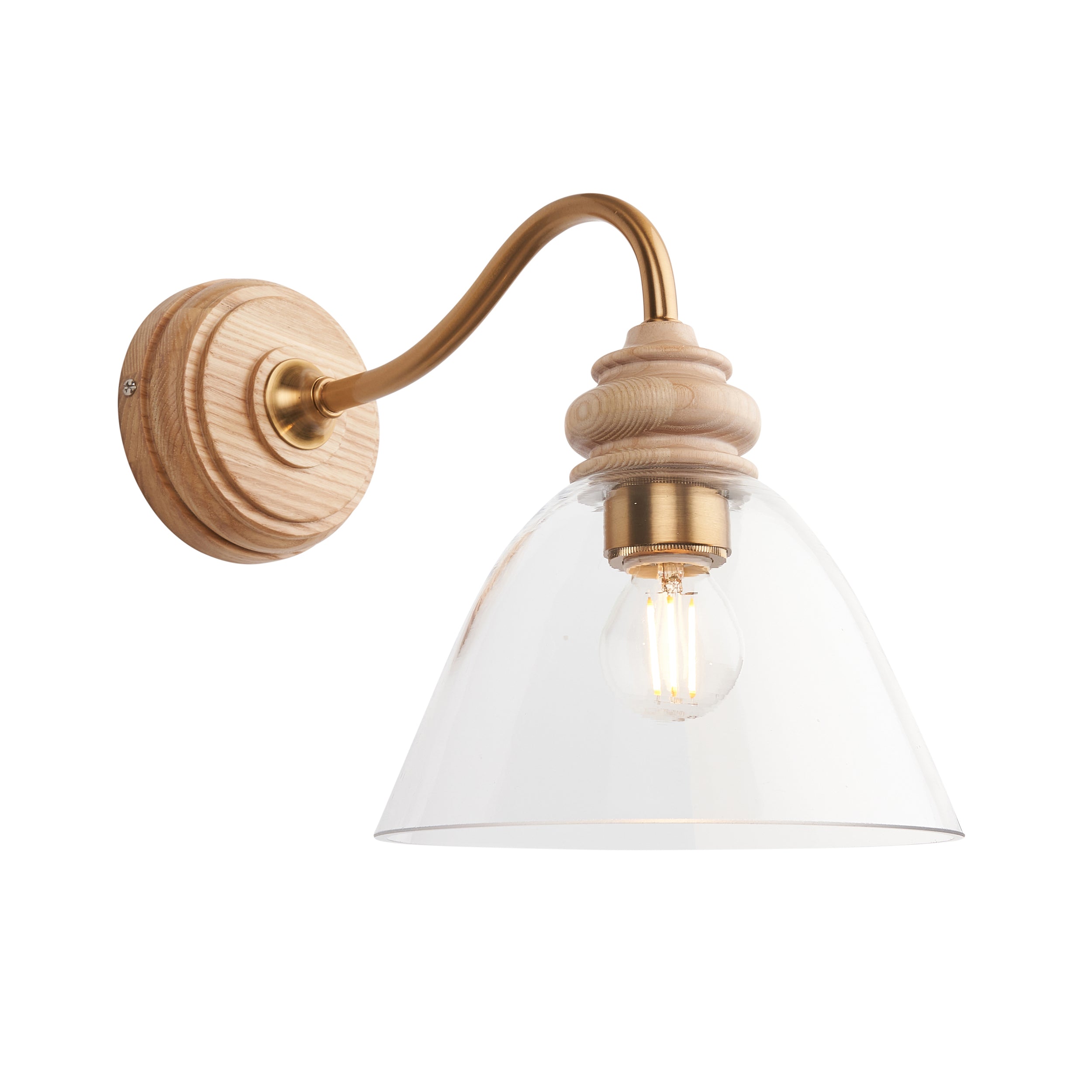 Vintage Cotswold Wood & Brass Wall Light with Glass Shade - Classic Farmhouse Sconce for Bedroom, Hallway, and Living Room Lighting