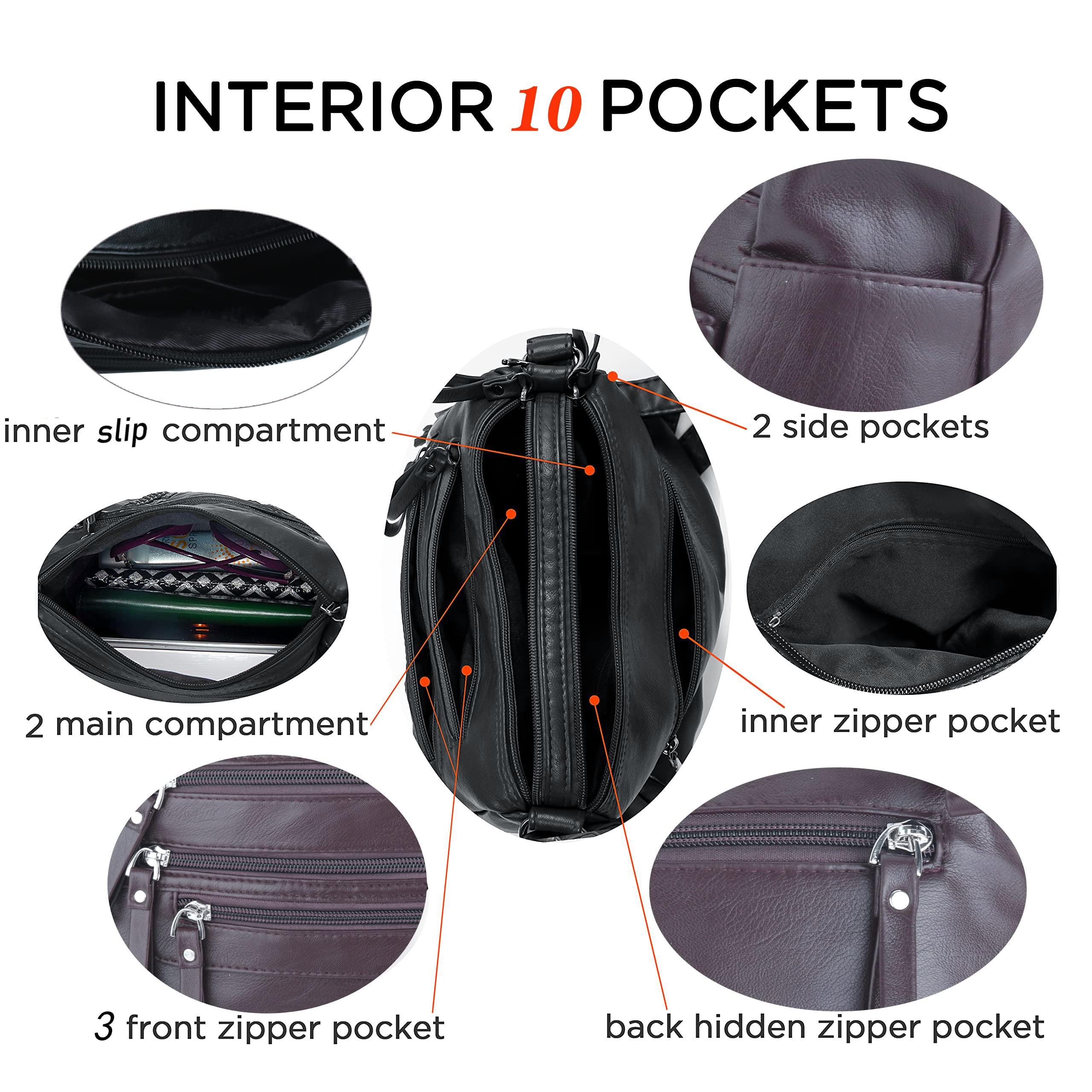 ELDA 10-Pocket Crossbody Purse for Women - Lightweight Medium Shoulder Bag with Multiple Pockets - Perfect for Travel, Shopping & Everyday Use