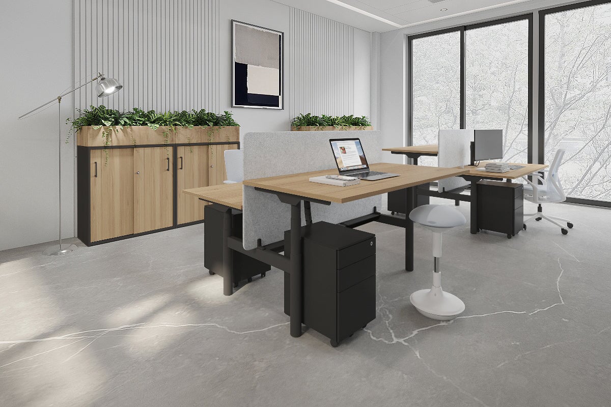 Flexi Premium Height Adjustable 2-Person H Bench Workstation - Black Frame [1600L x 700W] - Ergonomic Office Desk for Collaborative Workspaces & Home Offices