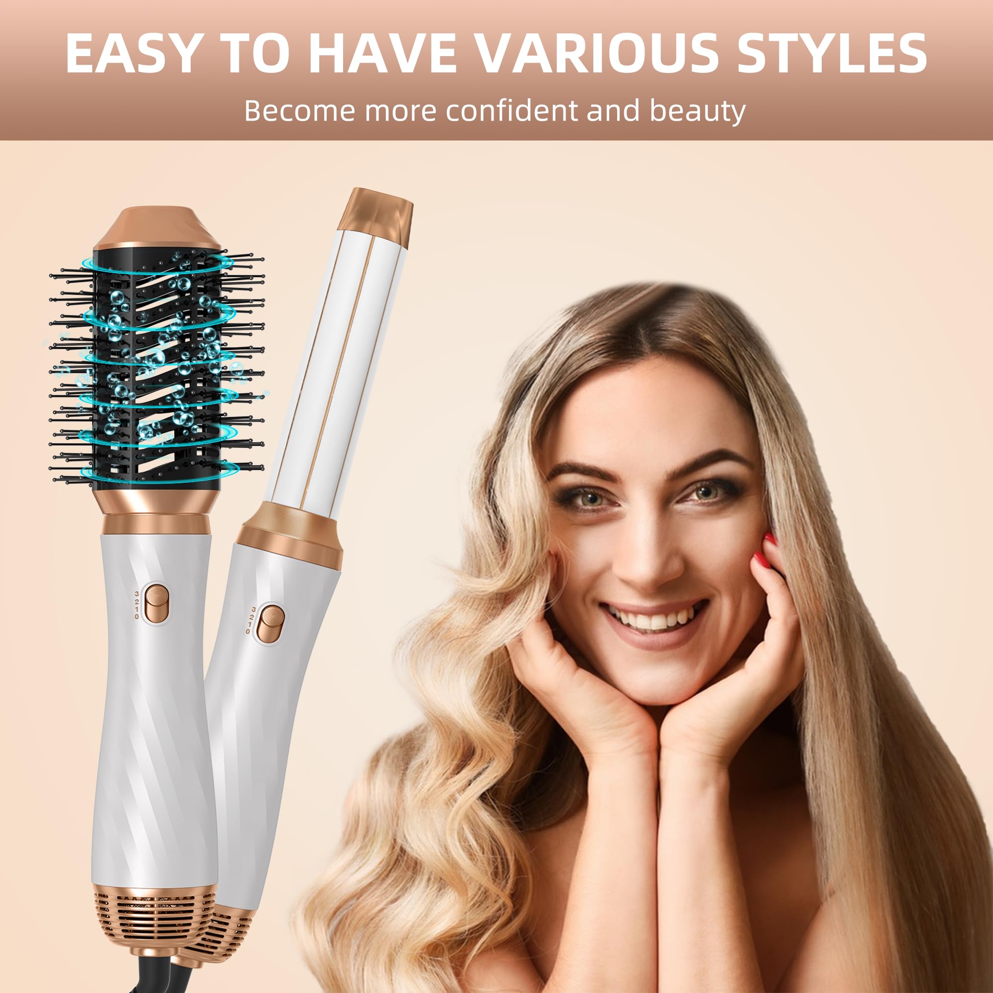 6-in-1 Blow Dryer Brush with Detachable Nozzle - Ionic Hot Air Styler & Curling Iron for Salon-Quality Hair at Home - Perfect for Travel, Styling, and Creating Voluminous Curls or Smooth Blowouts
