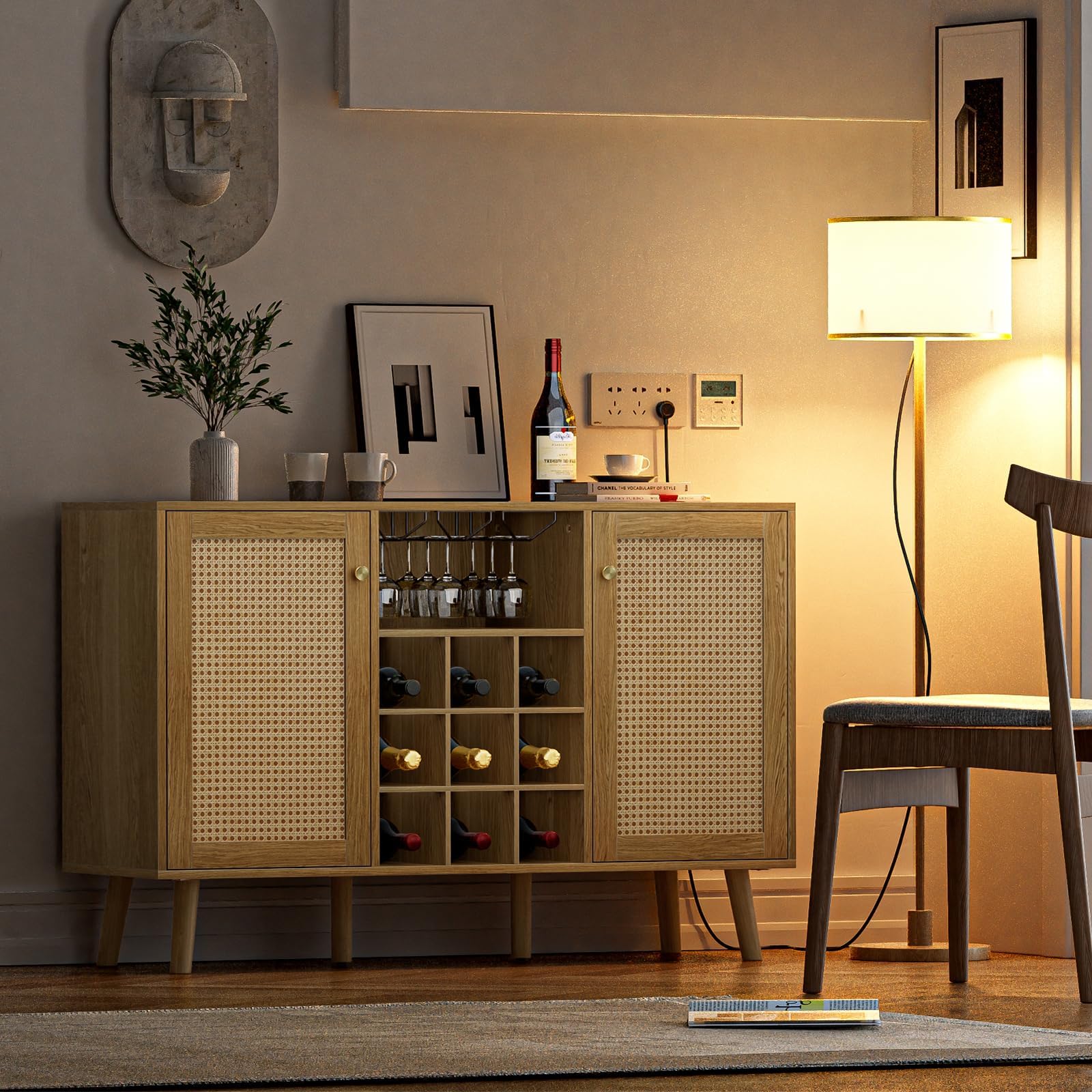 Giluta Rattan Wine Bar Cabinet with 2 Doors - Farmhouse Liquor Storage with Wine Rack & Glass Holder - Rustic Oak Sideboard Buffet for Living Room, Dining Room & Kitchen - Perfect for Home Entertaining & Wine Display