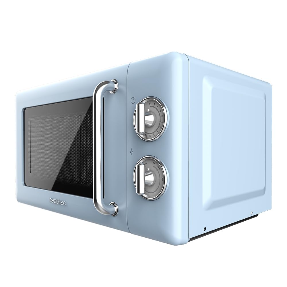 Cecotec 20L Mechanical Microwave Oven - 700W, 6 Power Levels, 30-Minute Timer, Defrost Function, Retro Blue Vintage Design with Steel Finishes - Perfect for Small Kitchens, Dorms & Office Break Rooms