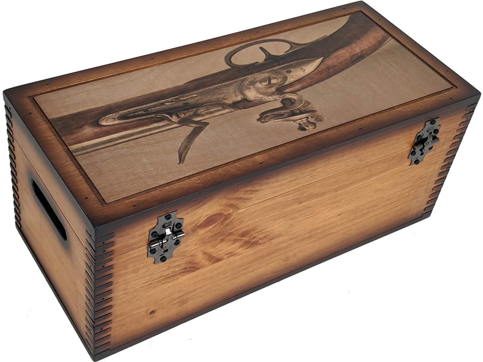 Antique Flintlock Pistol Display Case - Wooden Storage Box for Collectible Guns - Perfect for Home Decor, Man Cave, or Historical Reenactments