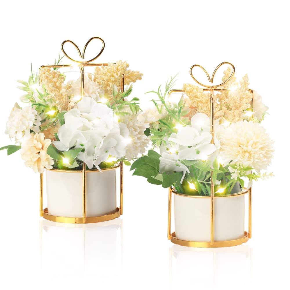 BEGONDIS Set of 2 LED Artificial White Flowers in Pots - Fake Hanging Potted Plants for Home, Living Room, Office & Party Decor - Perfect for Wedding Centerpieces, Table Decorations & Indoor Greenery
