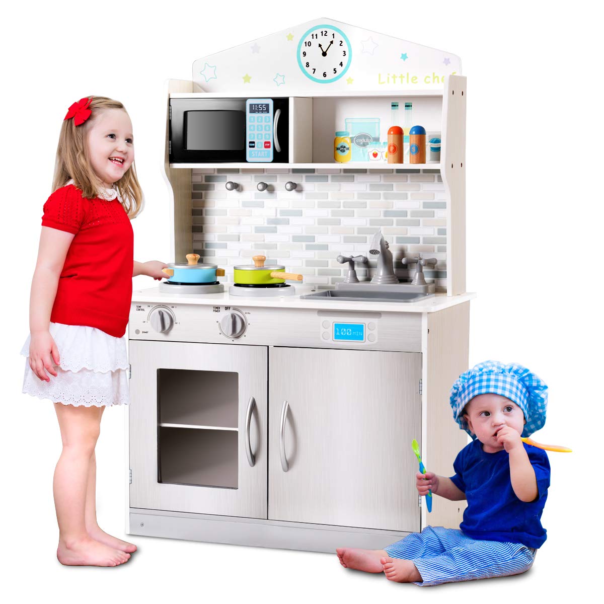 MAT EXPERT Kids Wooden Chef Pretend Play Kitchen Set with Removable Sink, Cookware, Microwave & Storage Cabinet - Educational Toy Kitchen for Toddlers Age 3+ - Perfect Gift for Boys & Girls - Great for Pretend Play, Role-Playing & Early Learning Development