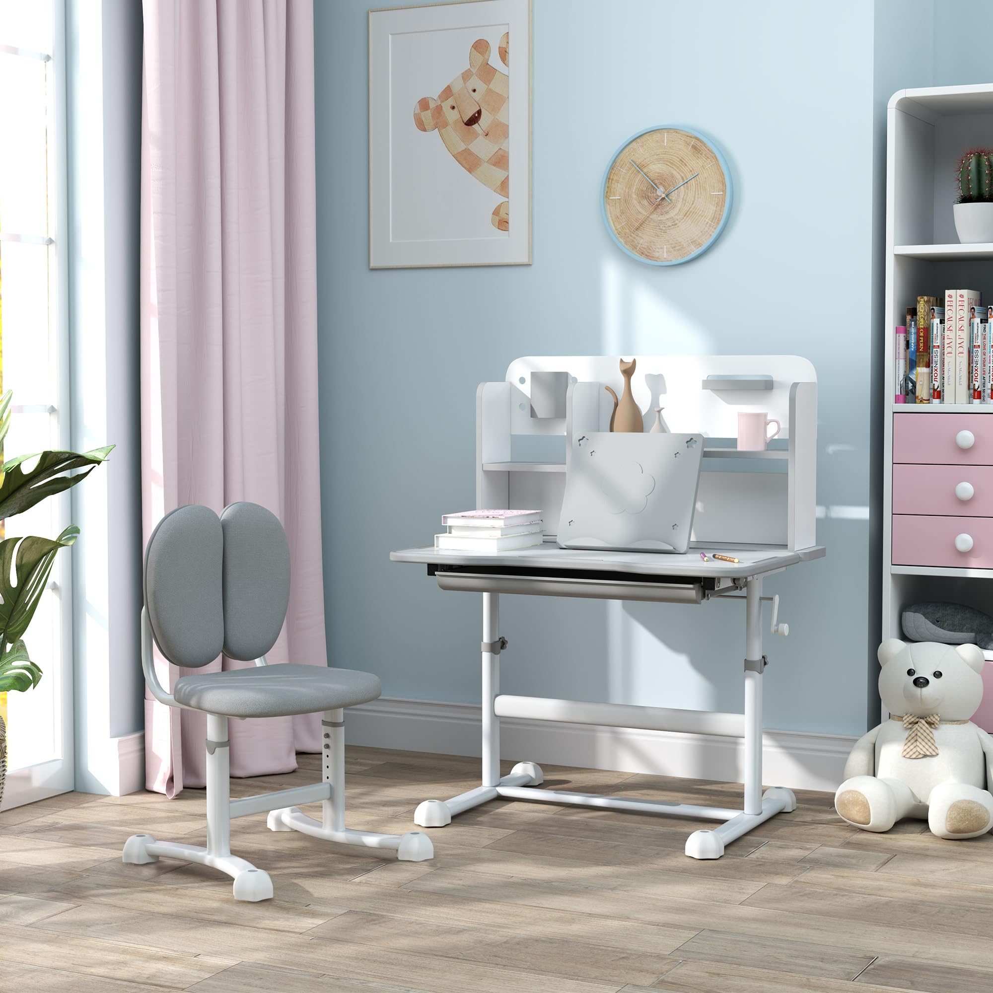 Qaba Adjustable Kids Desk and Chair Set with Tilt Desktop, Storage Drawer & Book Rack - Ergonomic Study Table for Writing, Reading, Drawing - Perfect for Homeschooling & Online Learning (Gray)