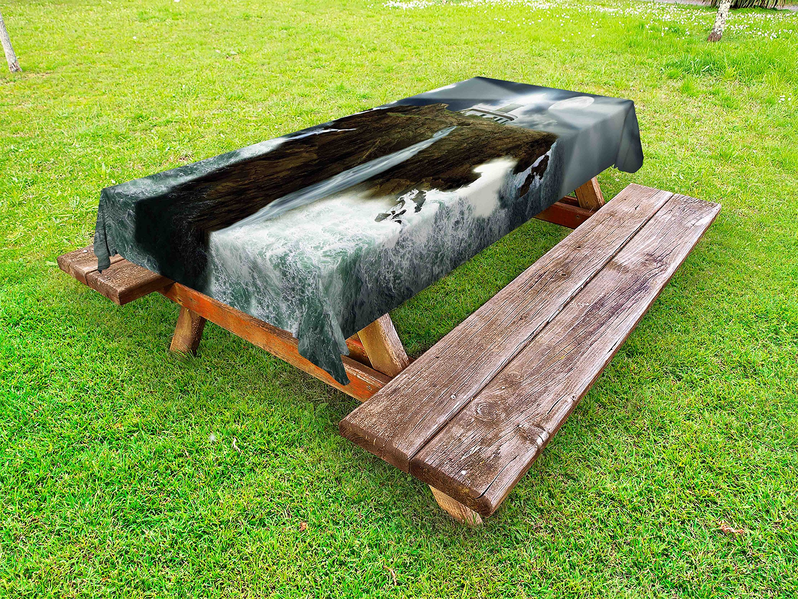 Ambesonne Waterproof Outdoor Tablecloth - Lighthouse Island Design with Stormy Sea, Crashing Waves & Moon Beams - 58