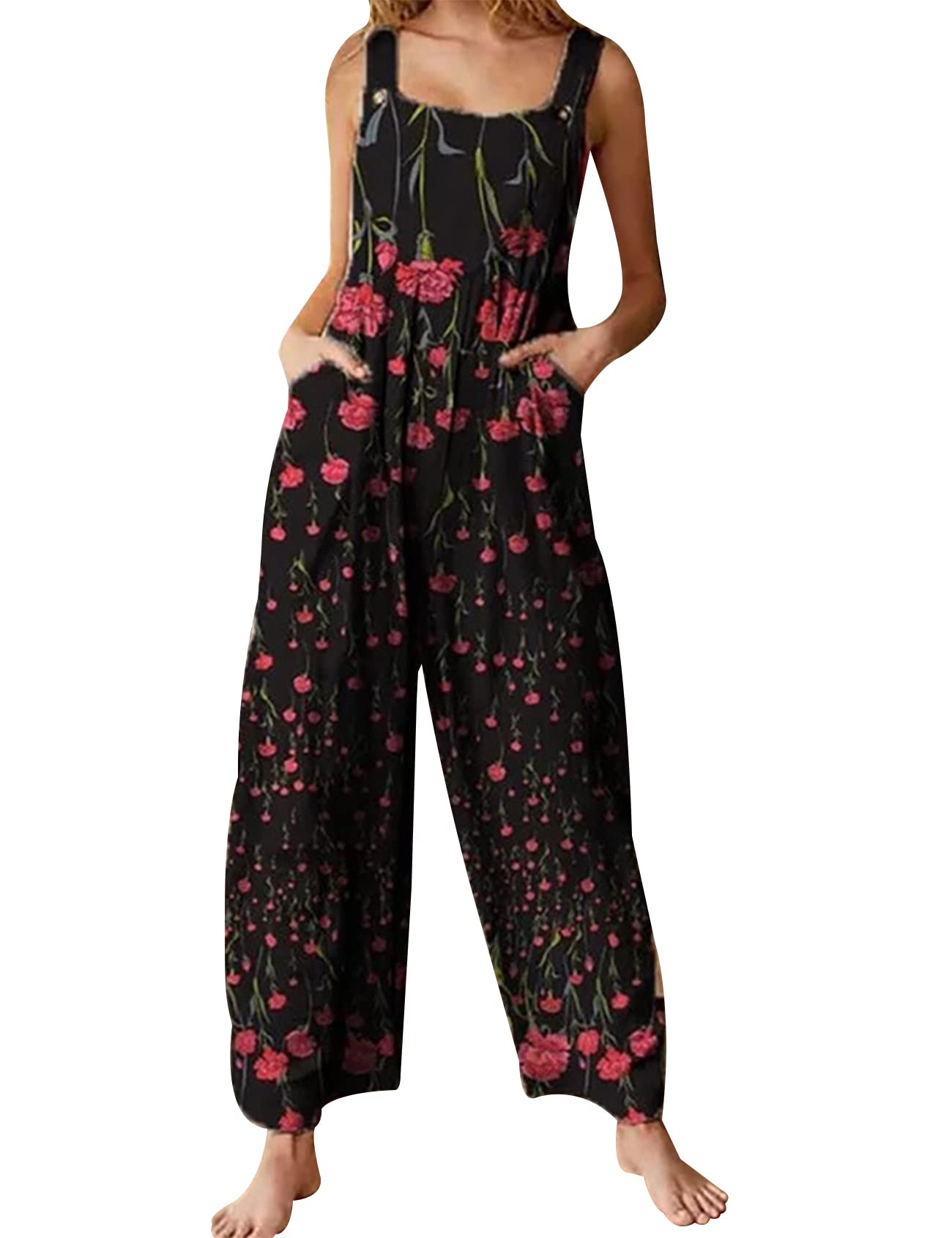 Gihuo Women's Wide Leg Overalls - Floral Patchwork Jumpsuit with Suspenders | Loose Fit Bohemian Romper for Casual Wear, Music Festivals & Vintage Style Outfits