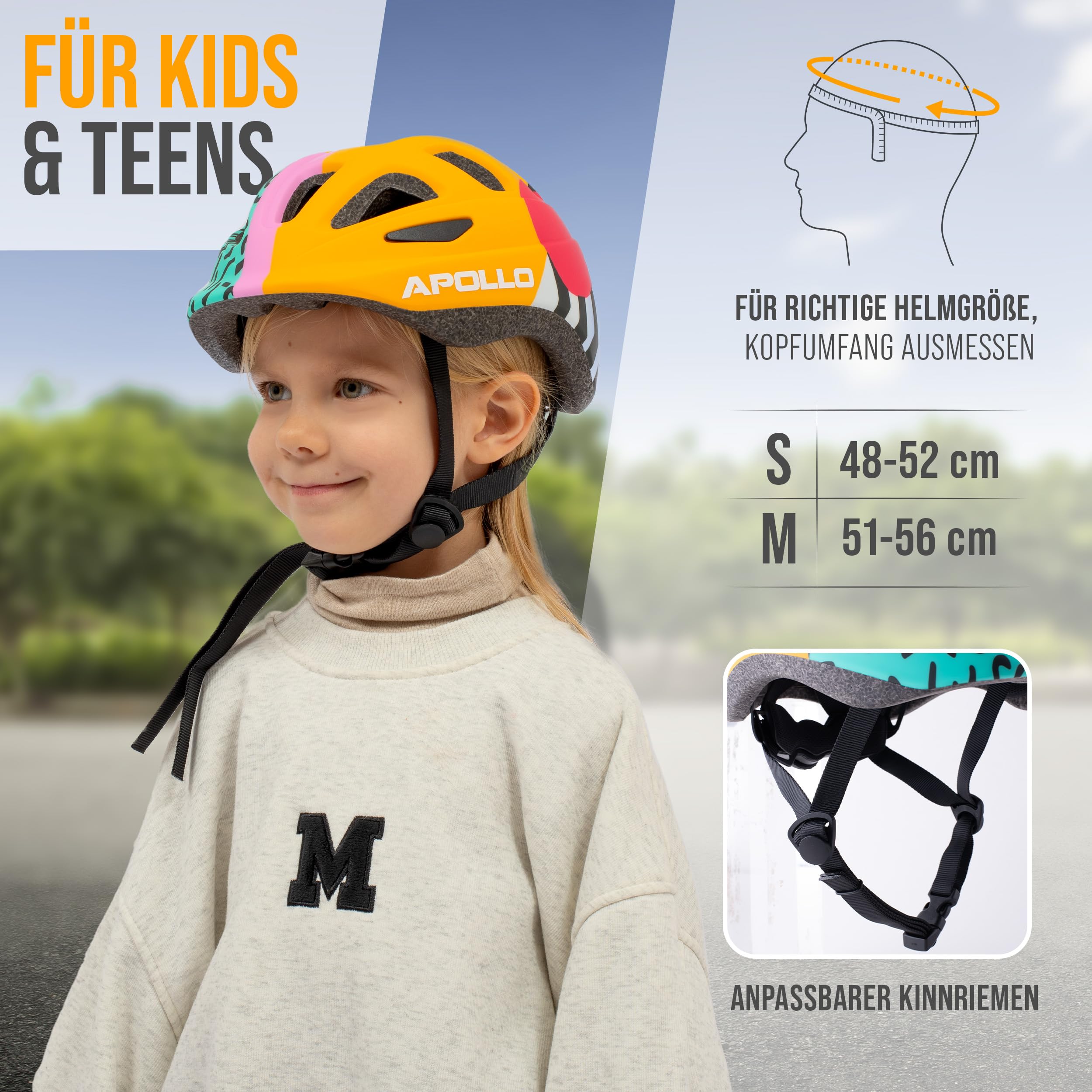 Apollo Kids Bike Helmet for Boys & Girls Ages 3+, Adjustable Youth Helmet for Cycling & Scooters - Multi-Sport Safety Helmet for Children (Size 48+) - Perfect for School Commutes, Park Rides & Family Outings