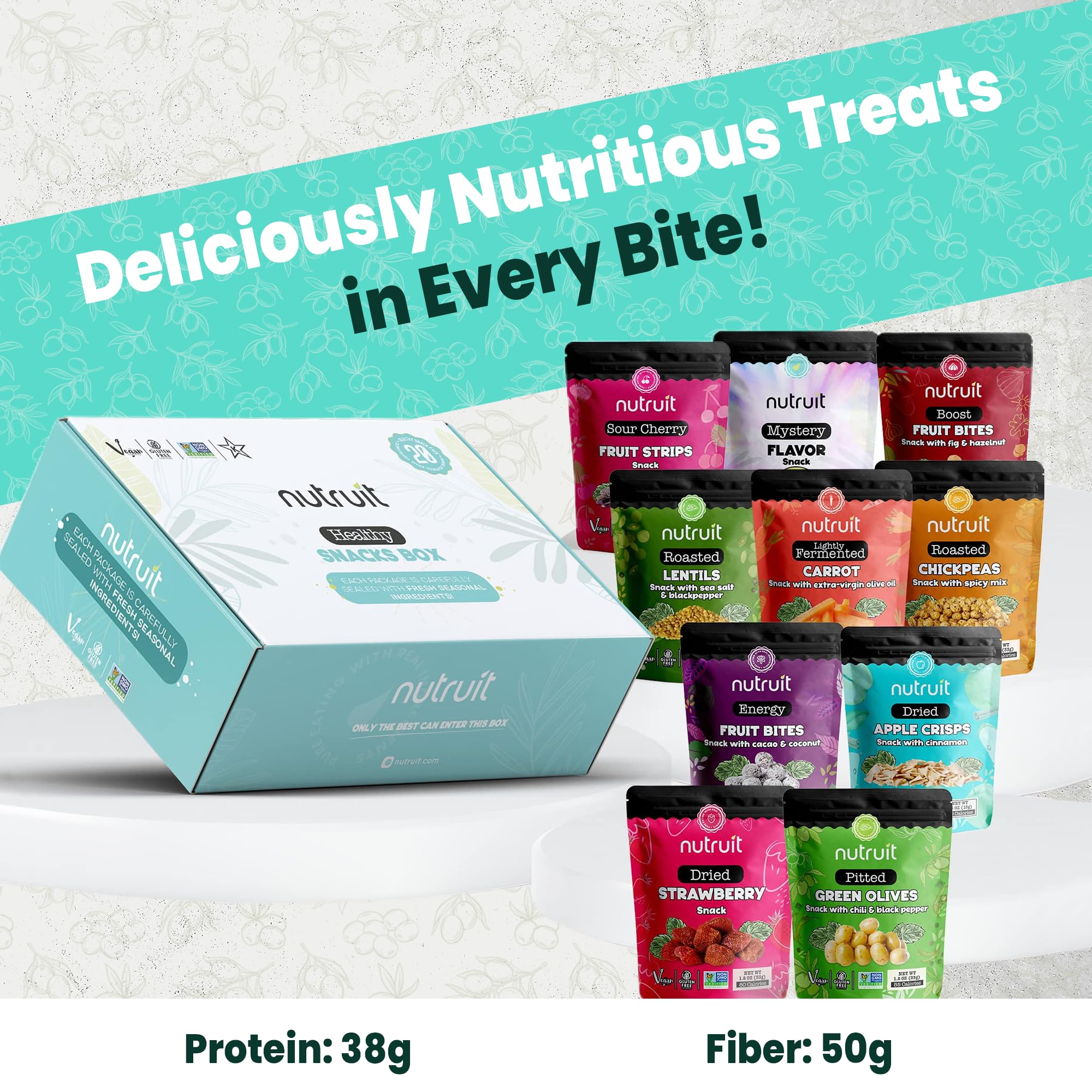 Nutruit Gourmet Healthy Snacks - 32 Pack MEGA Variety Box | Vegan, Gluten Free, Non-GMO Bulk Snacks | Kosher, High Protein & Fiber Plant-Based Snacks (1.2oz Packs) | Perfect for Office, Travel, School & On-the-Go Healthy Eating