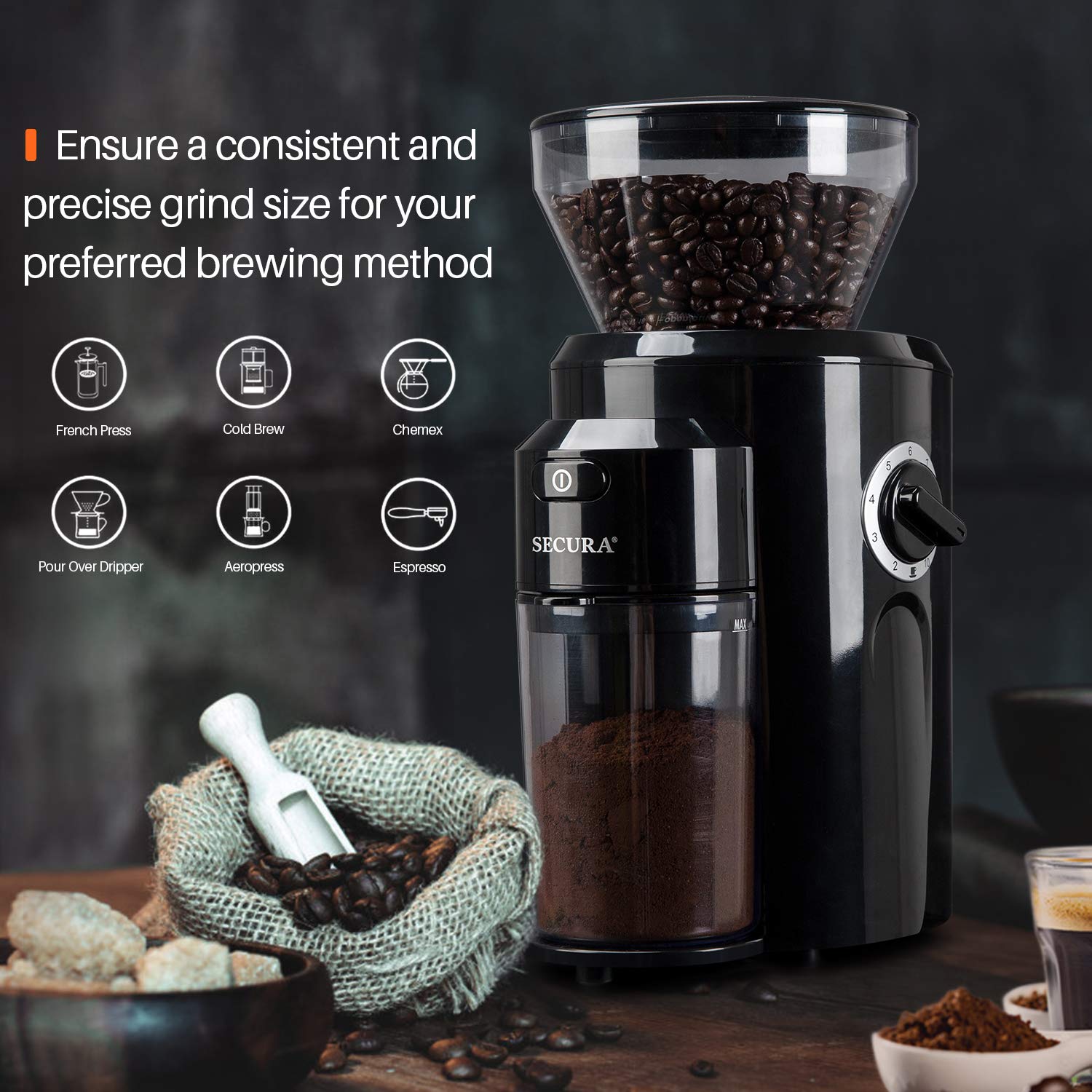 Secura Electric Coffee Grinder with Conical Burr - 18 Adjustable Grind Settings for French Press, Drip, Espresso & Turkish Coffee - 8 oz Black (CBG-018) - Perfect for Home, Office & Coffee Shops